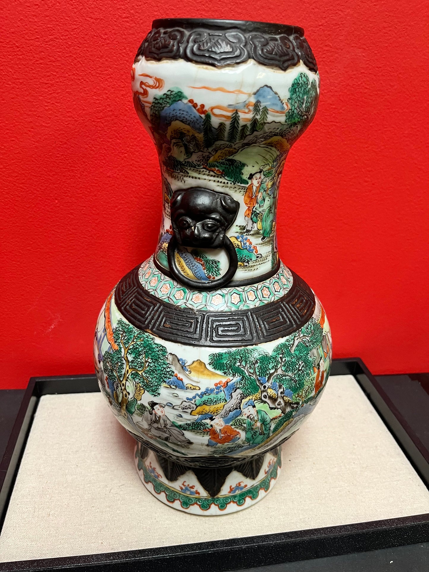 A  Lovely 14 inch Chinese Nanking late 19 century porcelain and bronze double gourd  vase  fabulous piece  see photos
