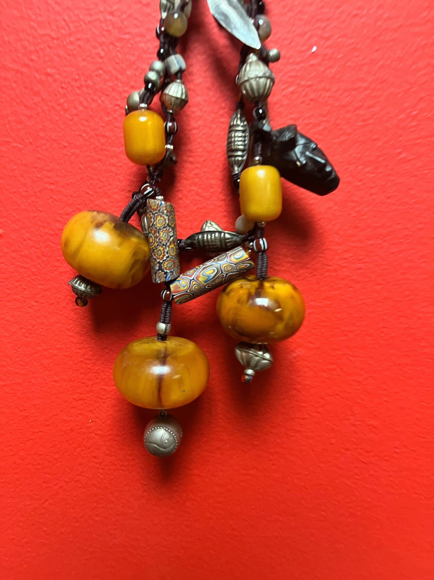 Stunning Tribal necklace choker with a variety of beads etc — approx 17 inches long total