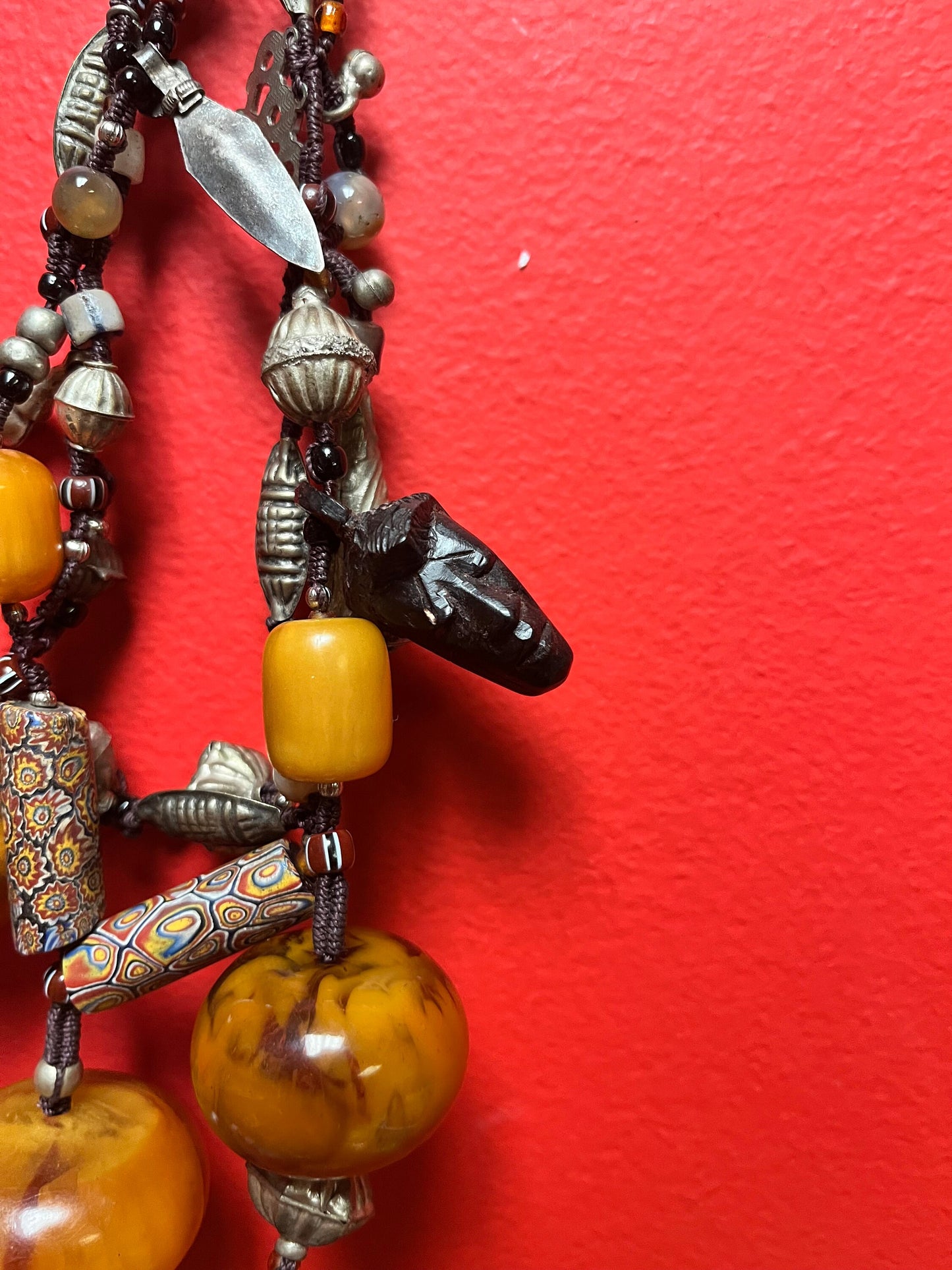 Stunning Tribal necklace choker with a variety of beads etc — approx 17 inches long total