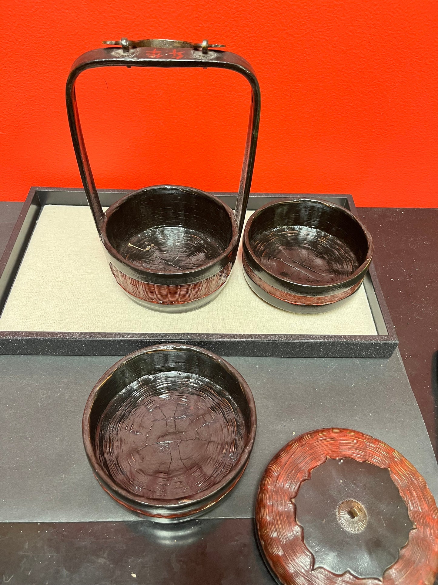 Stunning Chinese late 1800s Qing dynasty Fujian province bamboo, bronze and lacquer food carrier  lovely condition - 11 inches high