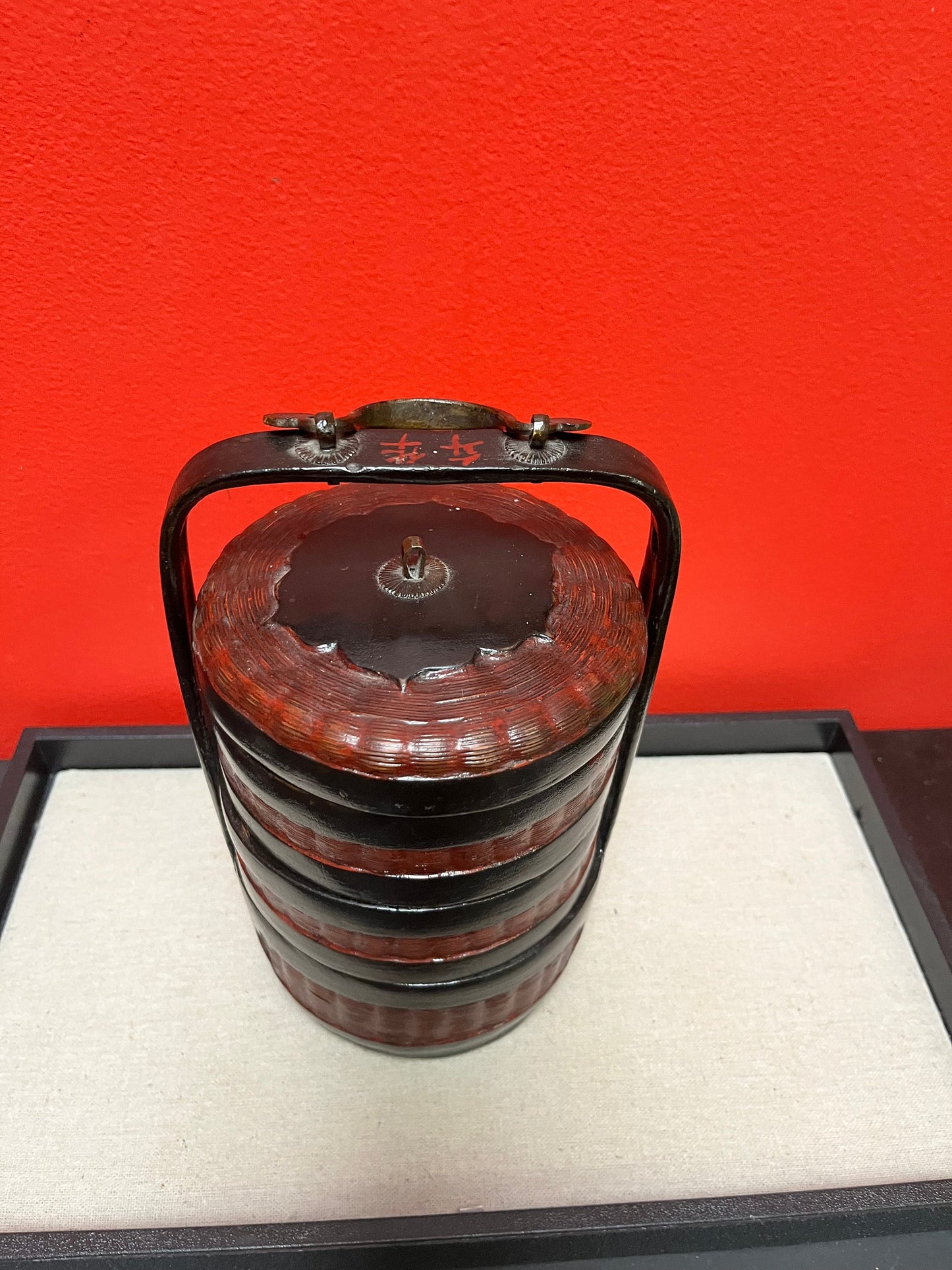 Stunning Chinese late 1800s Qing dynasty Fujian province bamboo, bronze and lacquer food carrier  lovely condition - 11 inches high