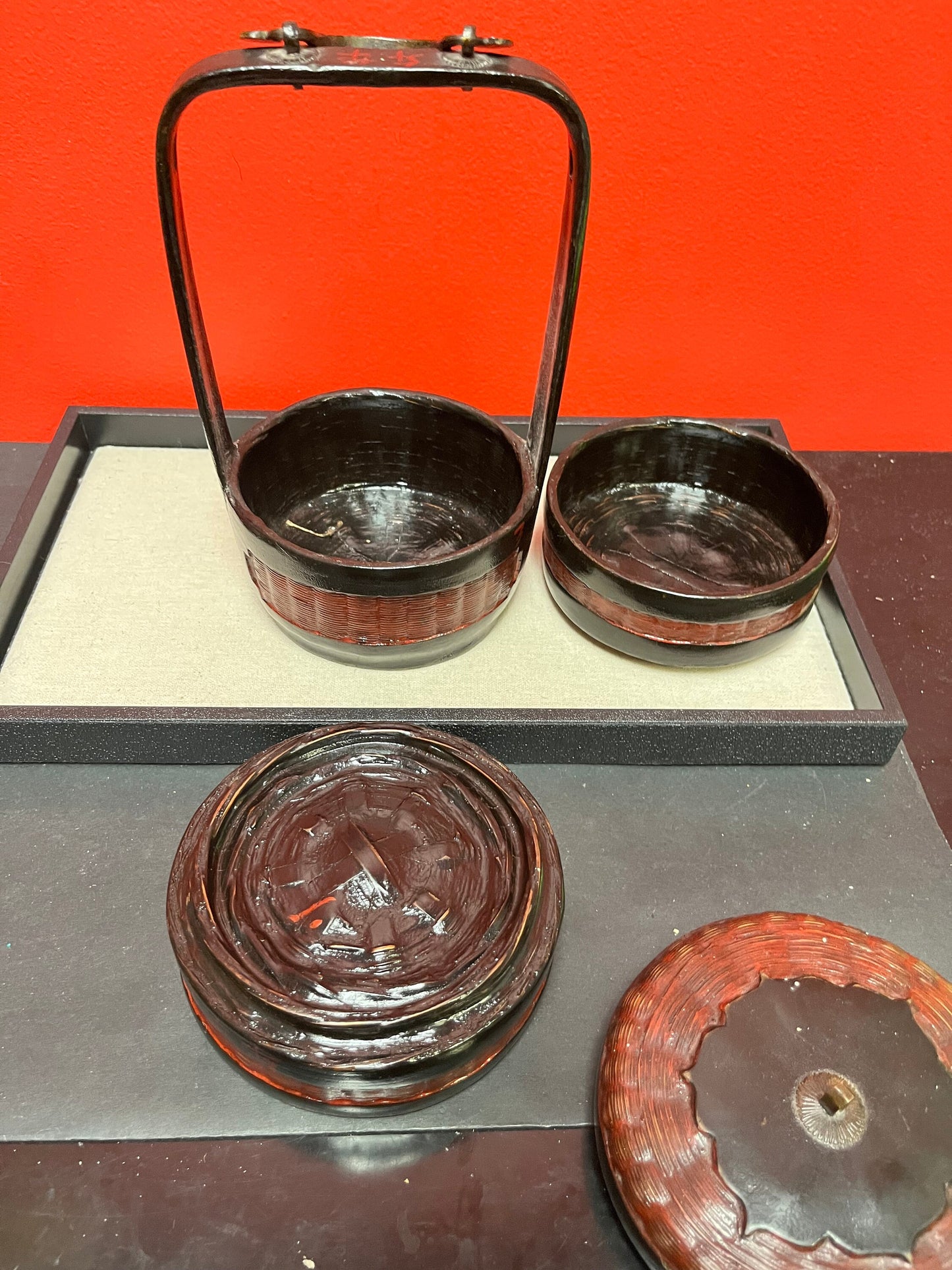 Stunning Chinese late 1800s Qing dynasty Fujian province bamboo, bronze and lacquer food carrier  lovely condition - 11 inches high