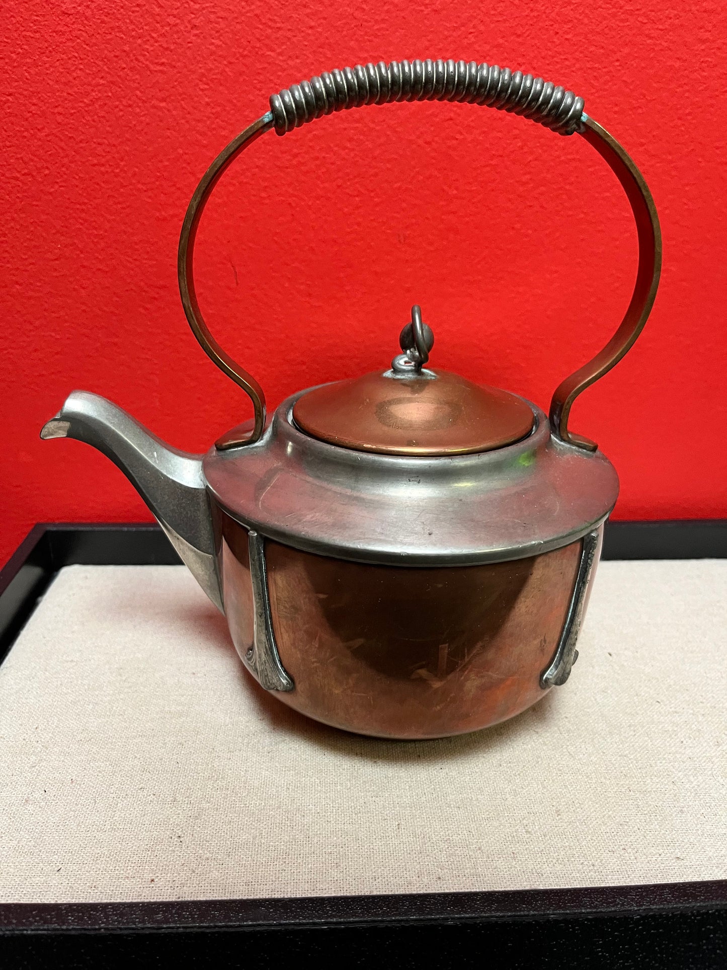 Lovely antique 9 inch high Flemish, copper and silver plate Art Nouveau teapot  wow  great style and design