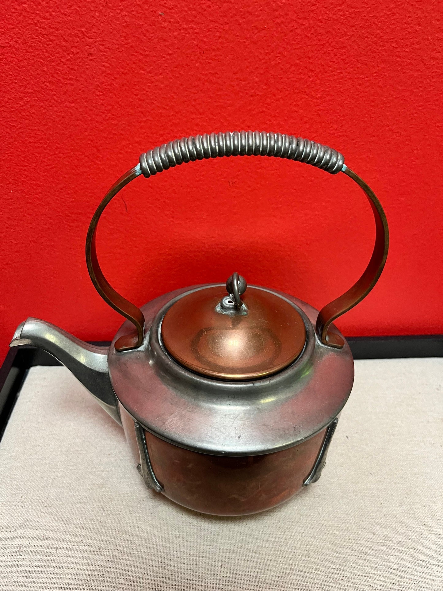 Lovely antique 9 inch high Flemish, copper and silver plate Art Nouveau teapot  wow  great style and design