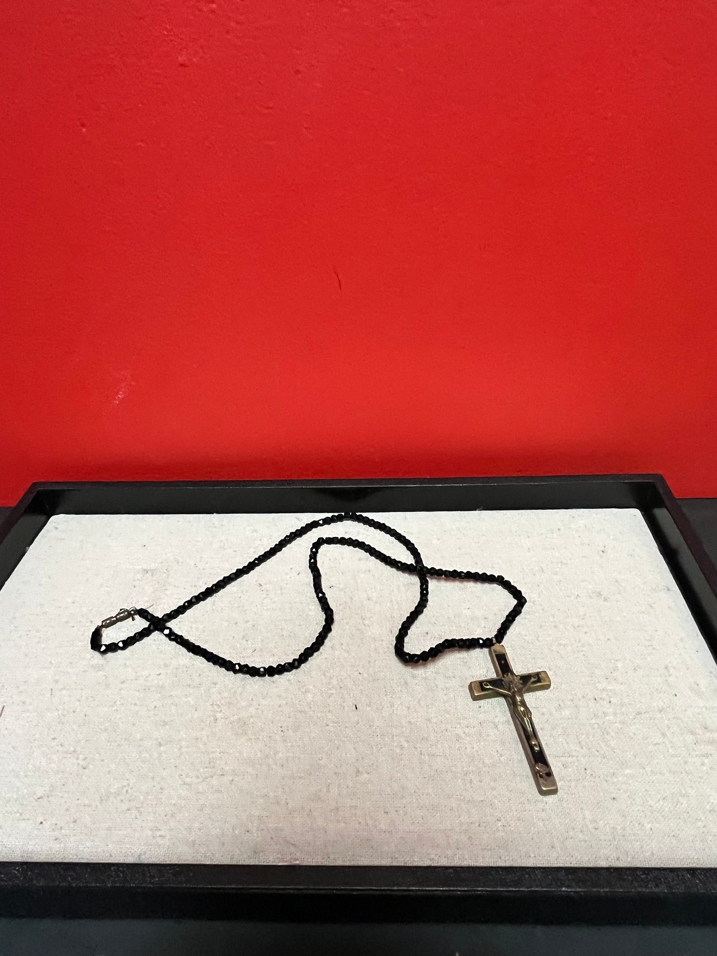 Stunning approximately 25 inch long, jet black beard necklace with a 3 inch long bronze crucifix pendant  very cool