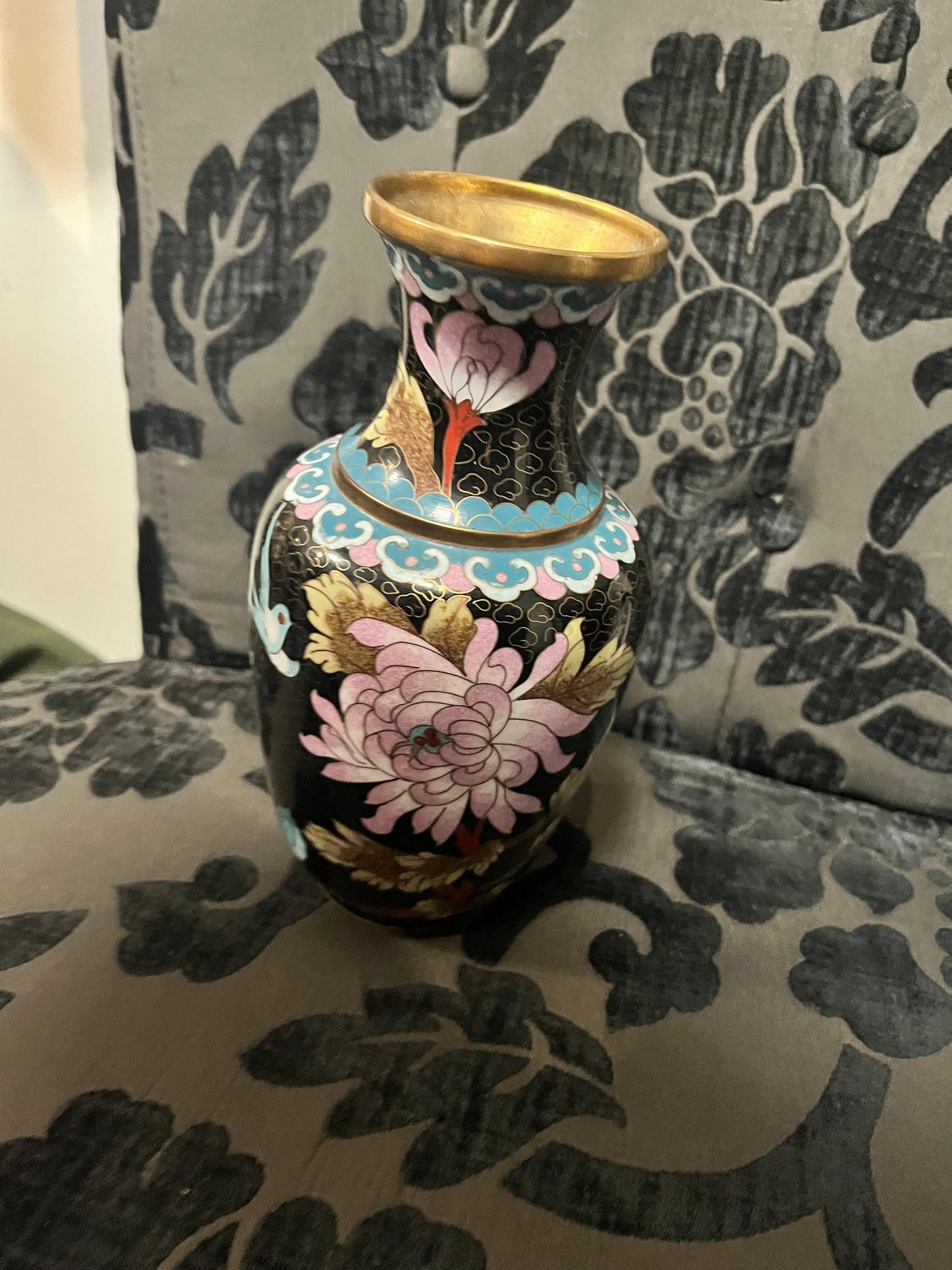 Lovely Chinese perfect condition 9 inch tall cloisonné chrysanthemum vase  perfect condition   Im