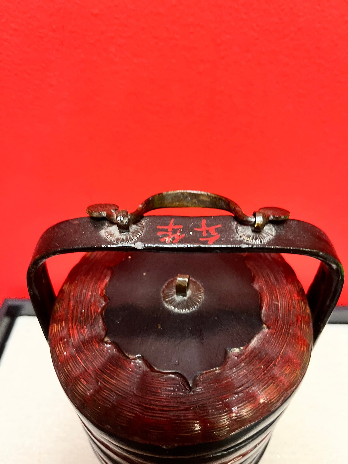 Stunning Chinese late 1800s Qing dynasty Fujian province bamboo, bronze and lacquer food carrier  lovely condition - 11 inches high