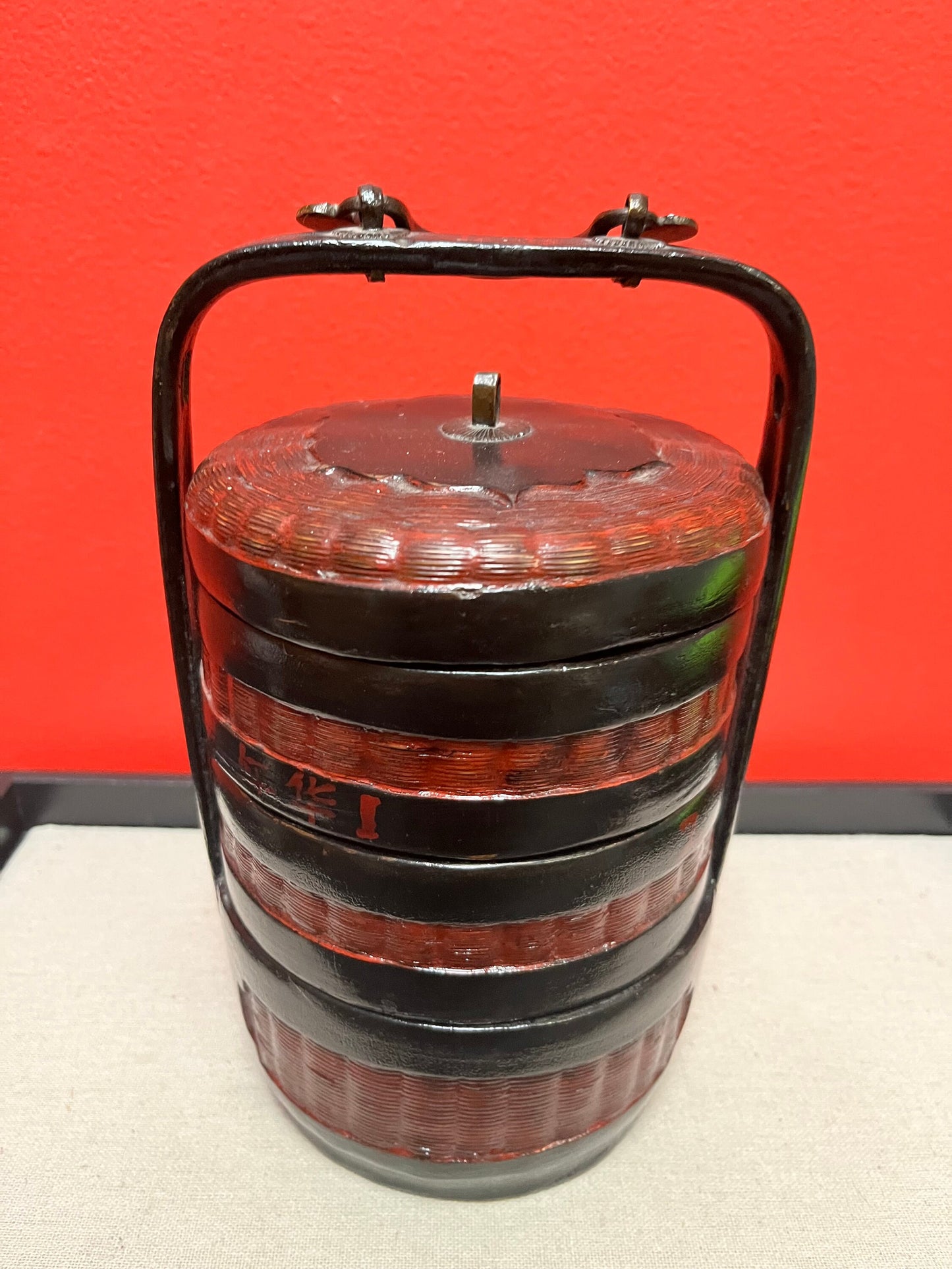 Stunning Chinese late 1800s Qing dynasty Fujian province bamboo, bronze and lacquer food carrier  lovely condition - 11 inches high