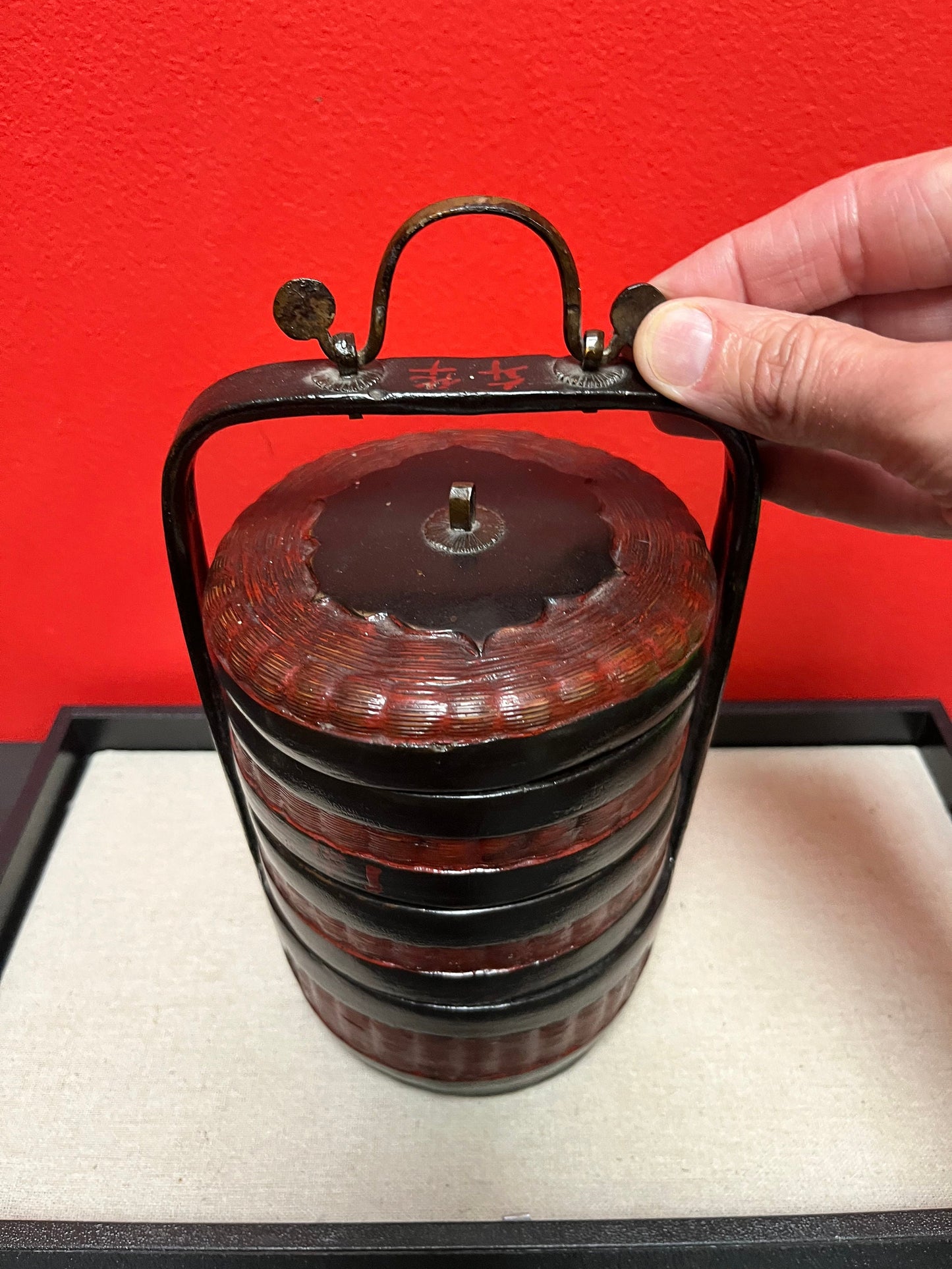 Stunning Chinese late 1800s Qing dynasty Fujian province bamboo, bronze and lacquer food carrier  lovely condition - 11 inches high