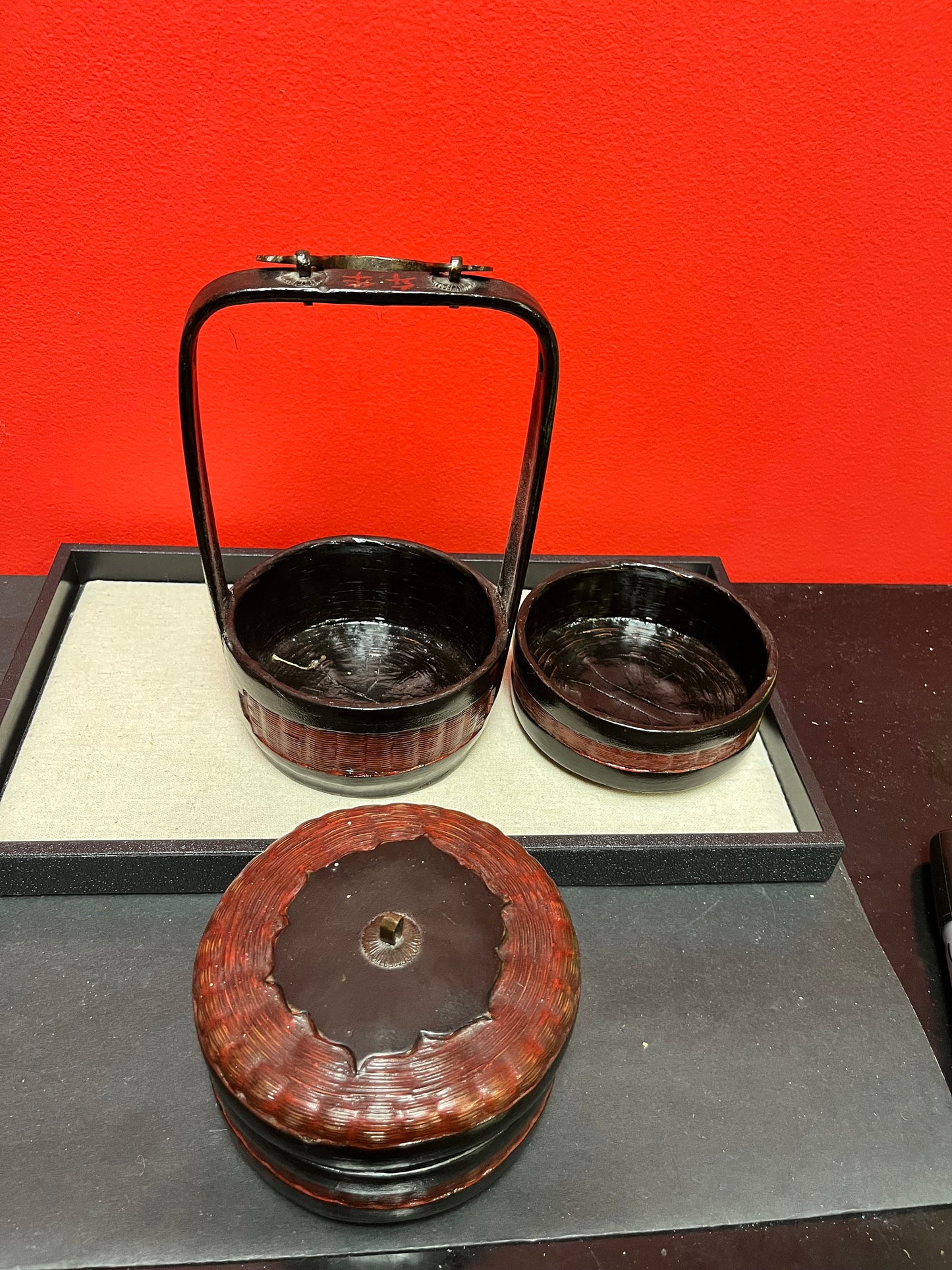 Stunning Chinese late 1800s Qing dynasty Fujian province bamboo, bronze and lacquer food carrier  lovely condition - 11 inches high