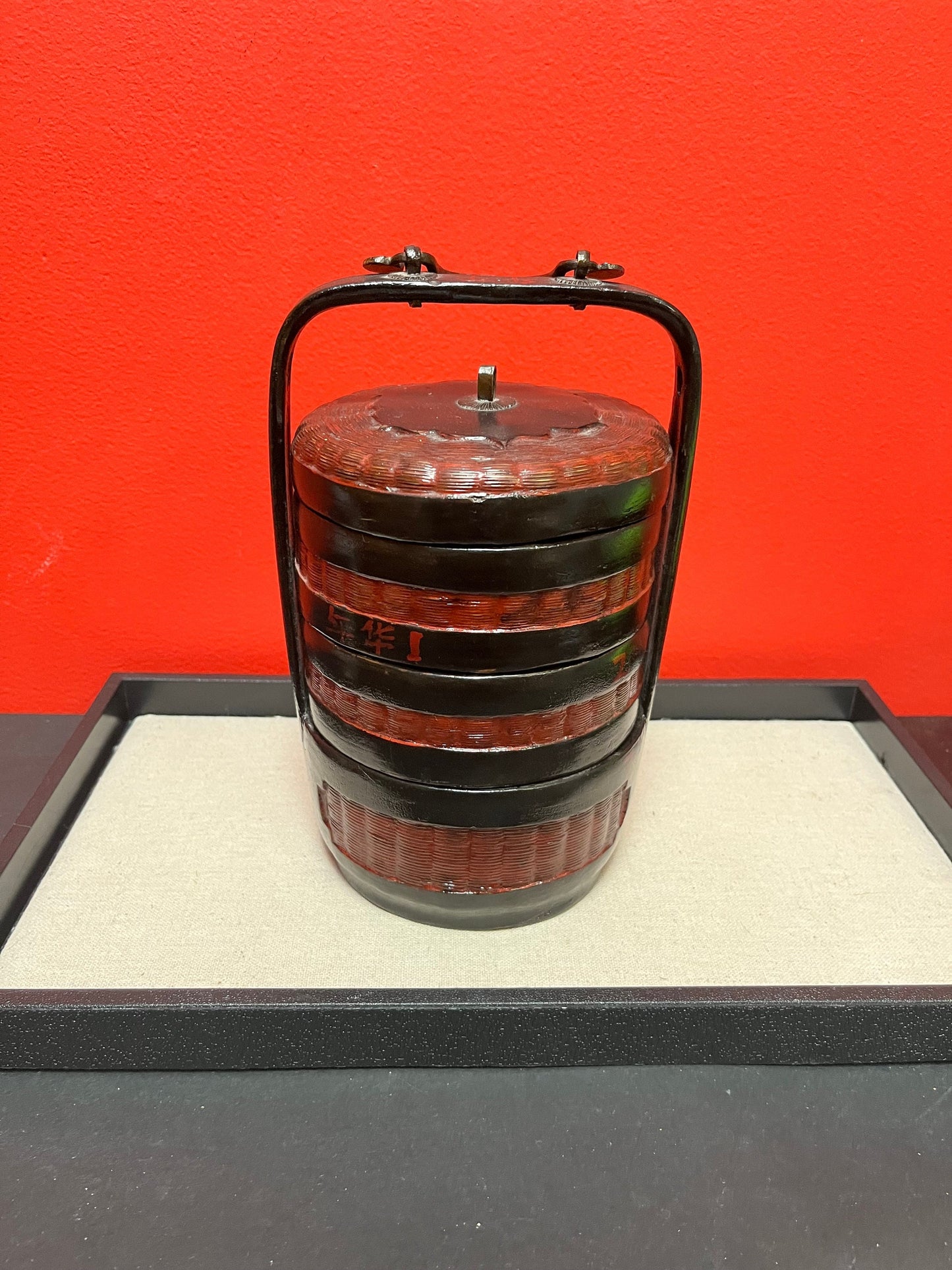 Stunning Chinese late 1800s Qing dynasty Fujian province bamboo, bronze and lacquer food carrier  lovely condition - 11 inches high