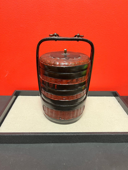 Stunning Chinese late 1800s Qing dynasty Fujian province bamboo, bronze and lacquer food carrier  lovely condition - 11 inches high