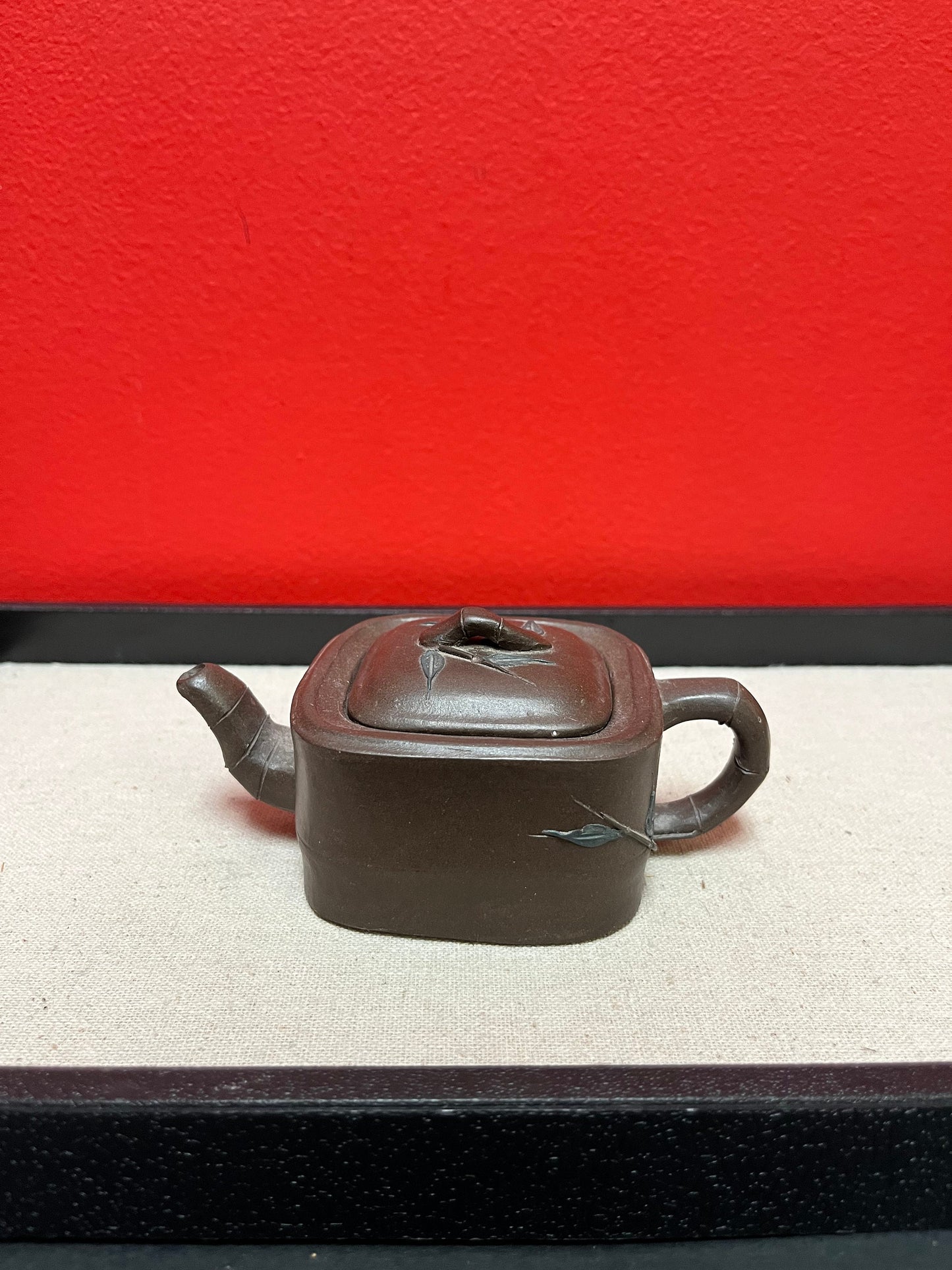 Beautiful 5 inch long, Chinese signed purple clay yixing teapot in perfect condition