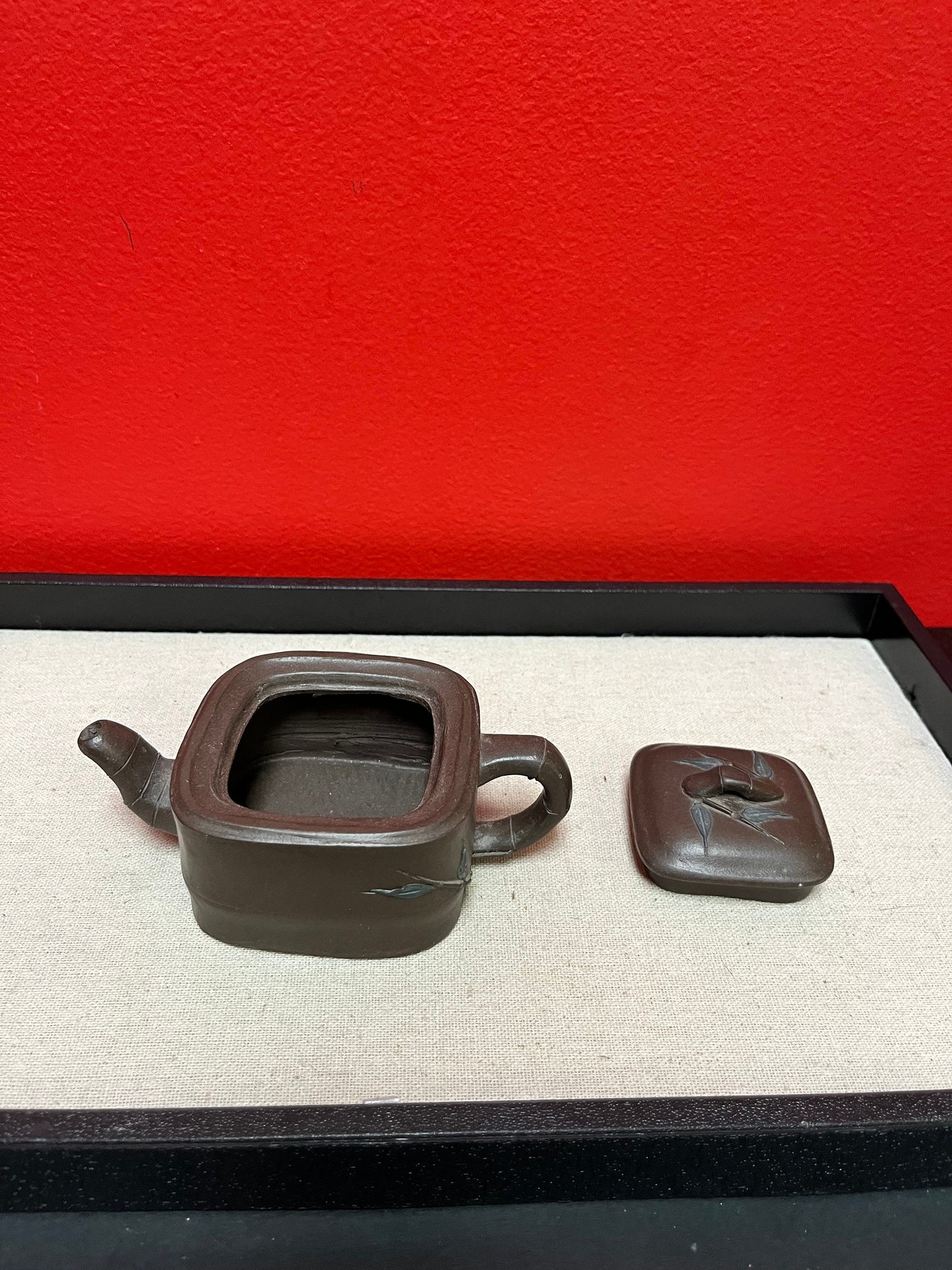 Beautiful 5 inch long, Chinese signed purple clay yixing teapot in perfect condition