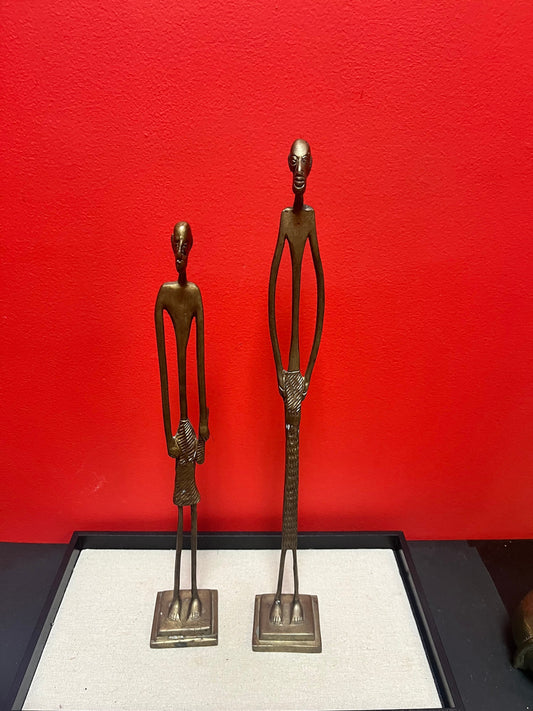 A  Pair of Stunning African bronze statues  Benin style  patina is great  super gifts  15 and 17 inches tall