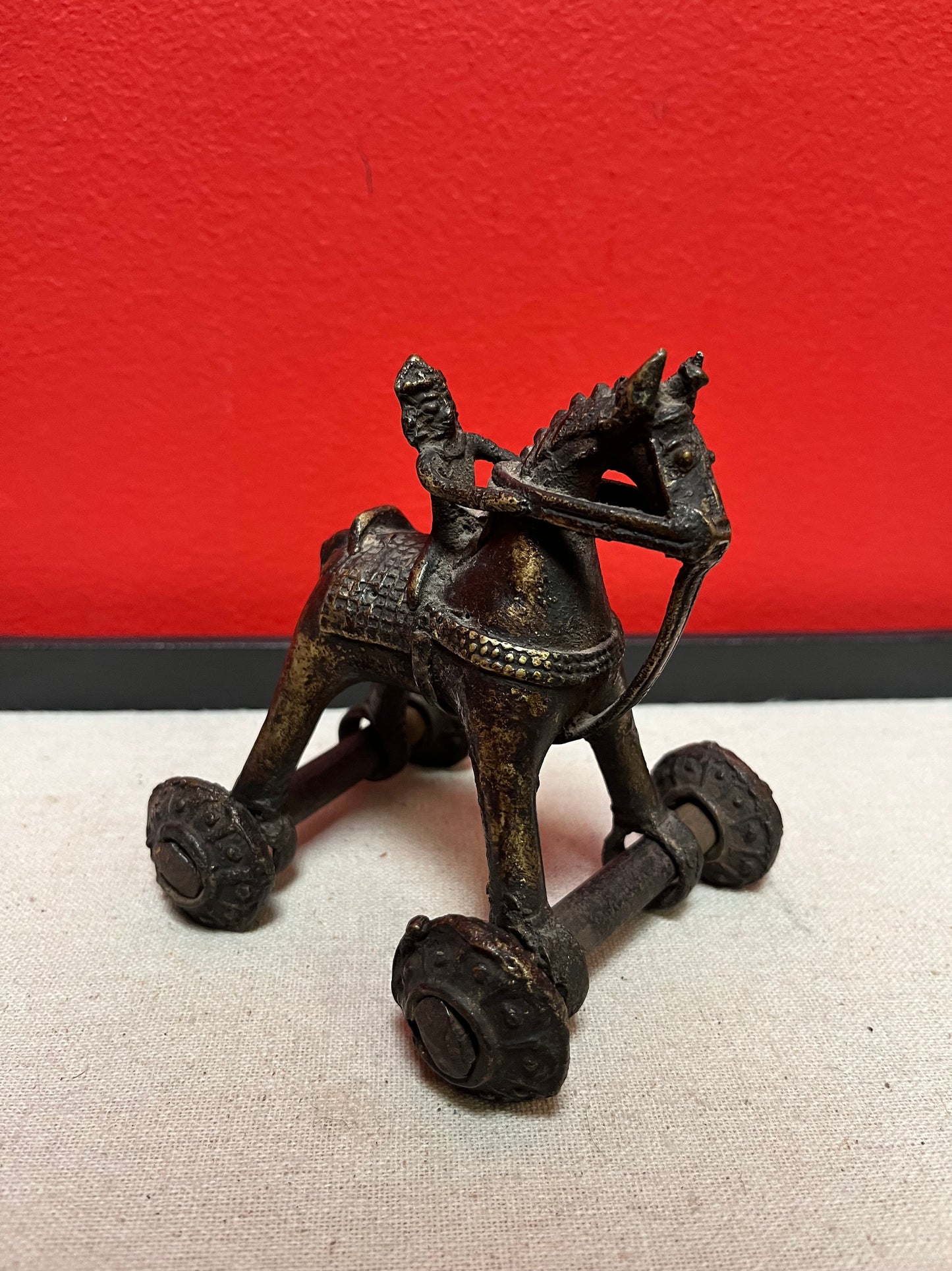 4 x 5 high antique Indian bronze horse on Rider  great patina and cool look  well detailed and great gift