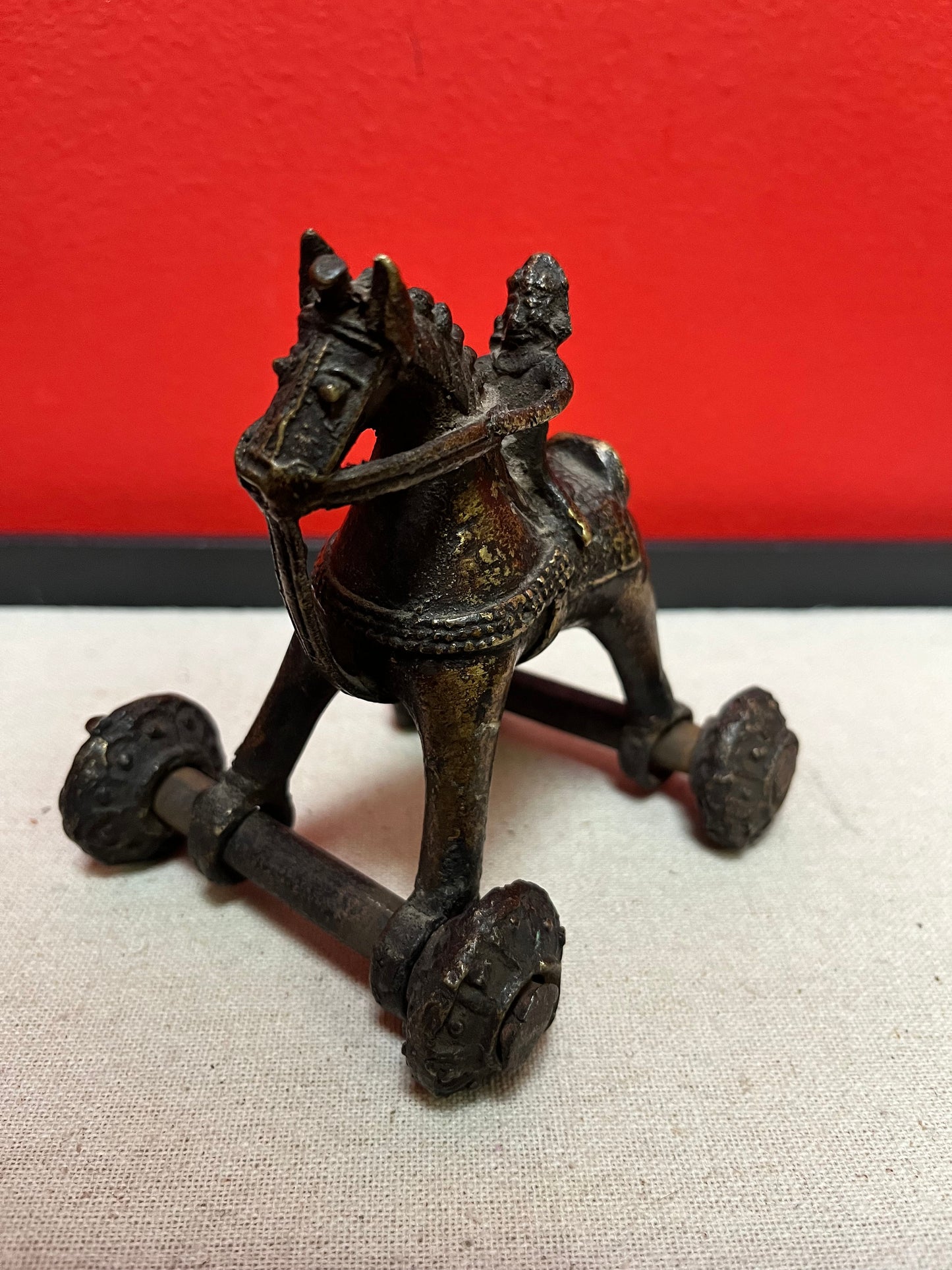 4 x 5 high antique Indian bronze horse on Rider  great patina and cool look  well detailed and great gift