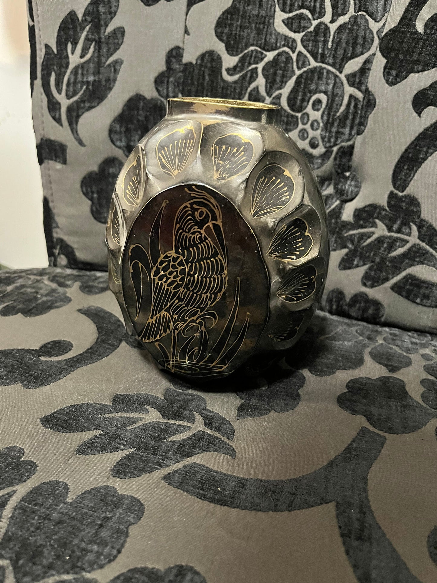 A  7 inch Indian heavy superb brass vase  great imagery of peacock  wow