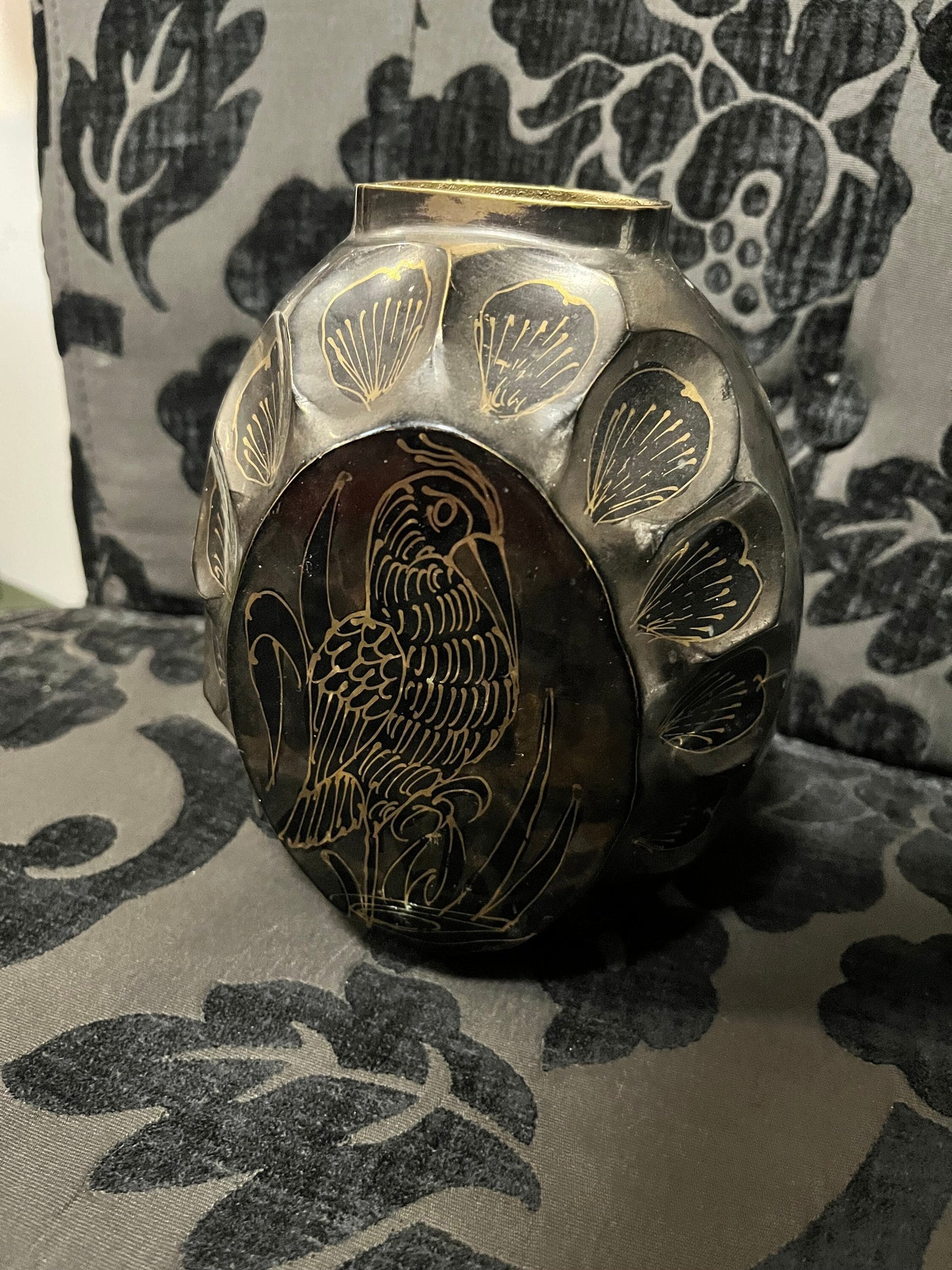 A  7 inch Indian heavy superb brass vase  great imagery of peacock  wow