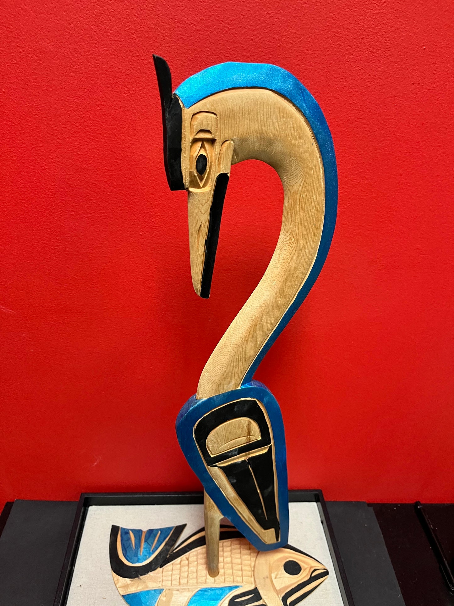 A  Stunning 24 x 12 wide Charles George, indigenous first Nations Pacific Northwest coast heron on fish  last one of this style