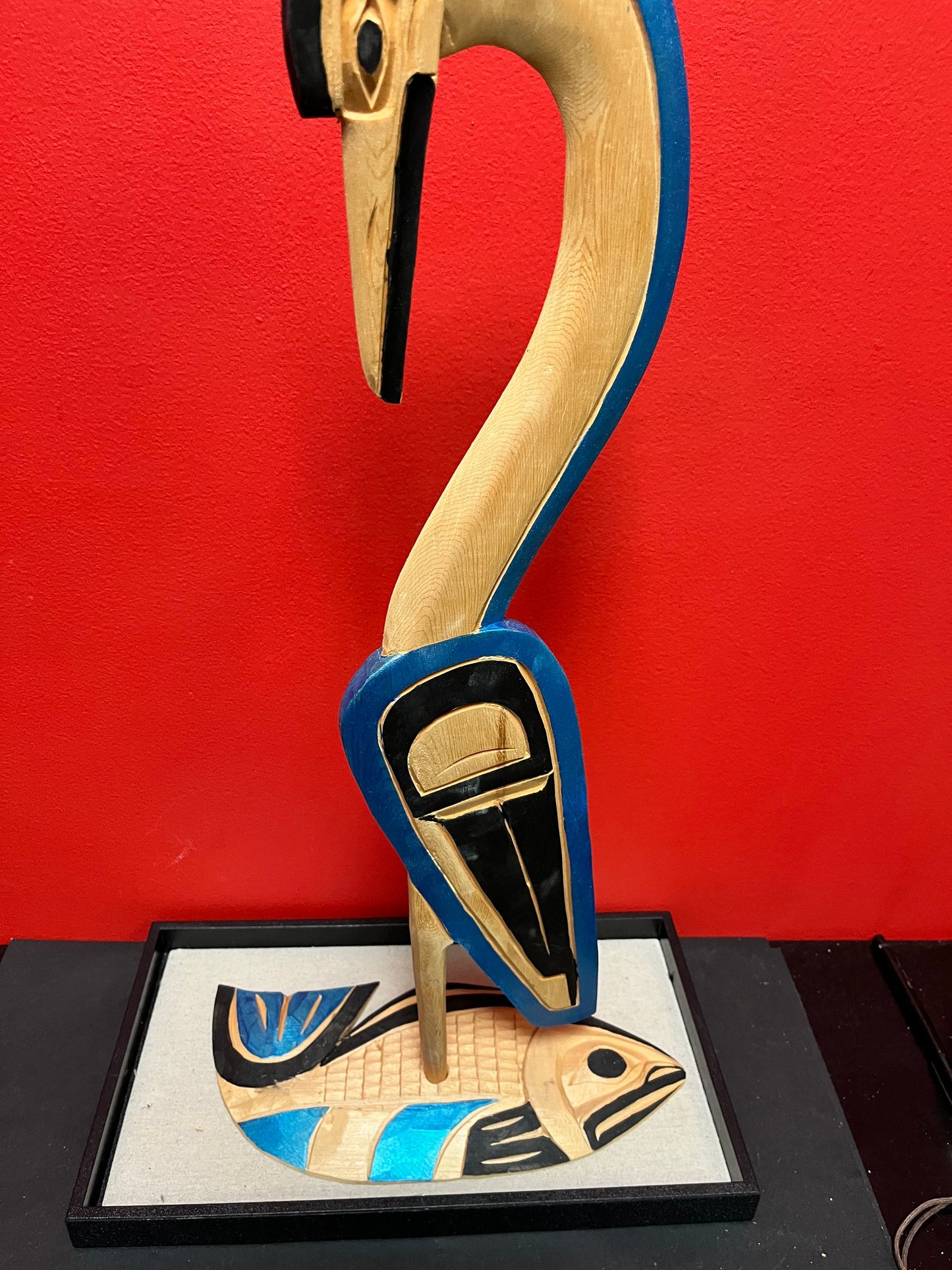 A  Stunning 24 x 12 wide Charles George, indigenous first Nations Pacific Northwest coast heron on fish  last one of this style