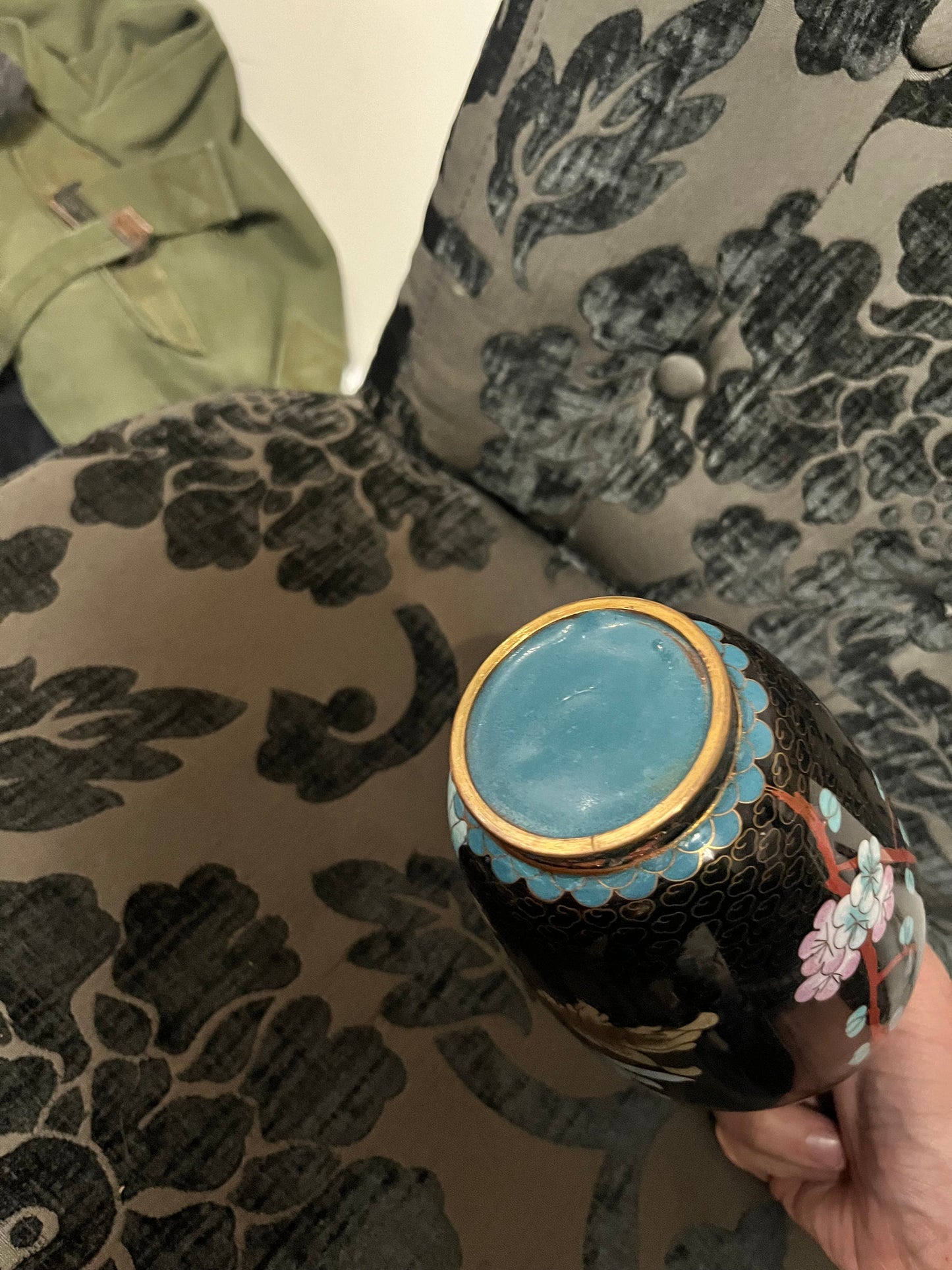 Lovely Chinese perfect condition 9 inch tall cloisonné chrysanthemum vase  perfect condition   Im