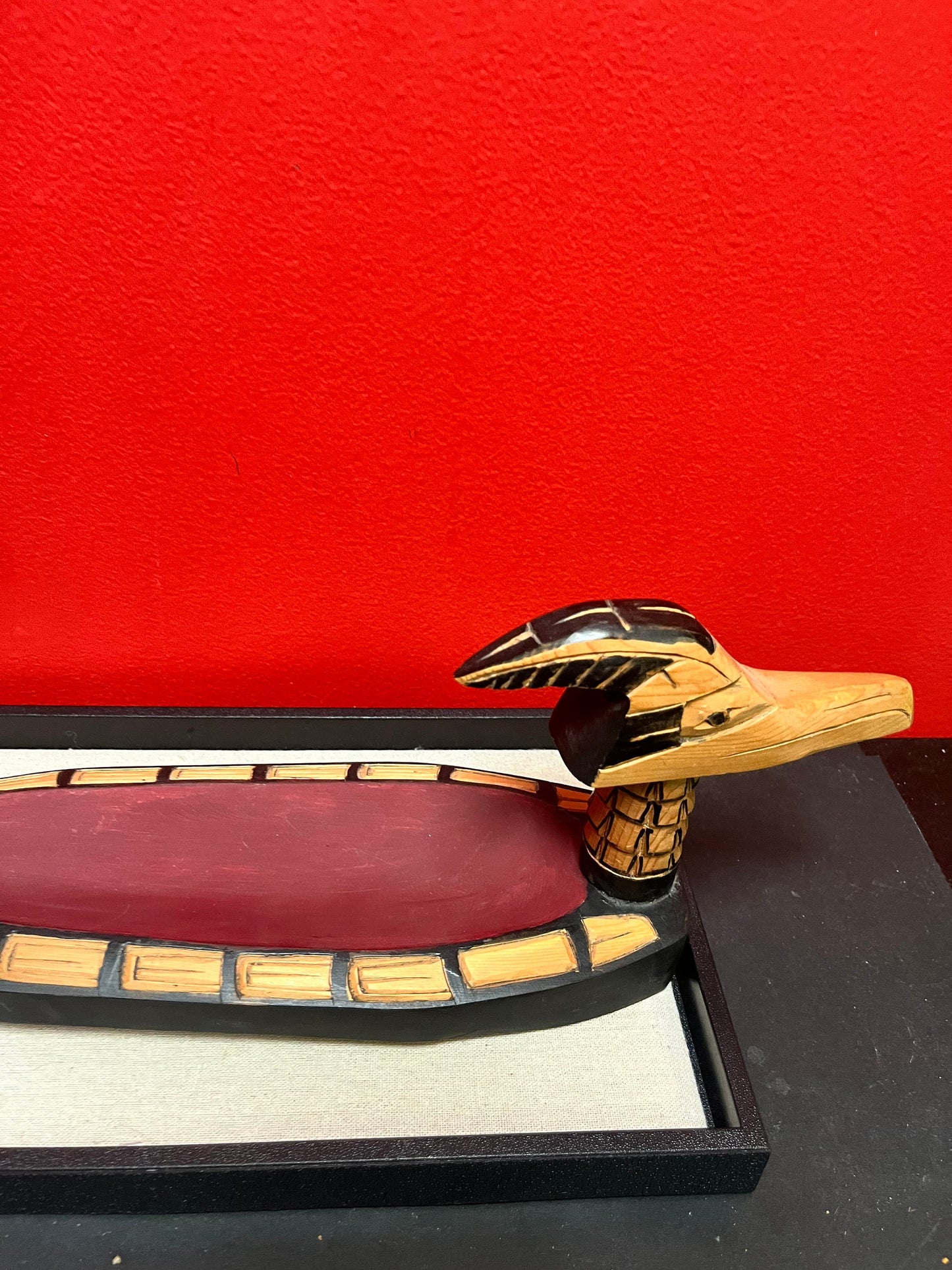 A  17 x 5 x 6 high Indigenous first nations Pacific Northwest coast loon bowl  Frank and Dora Frenchie  lovely quality