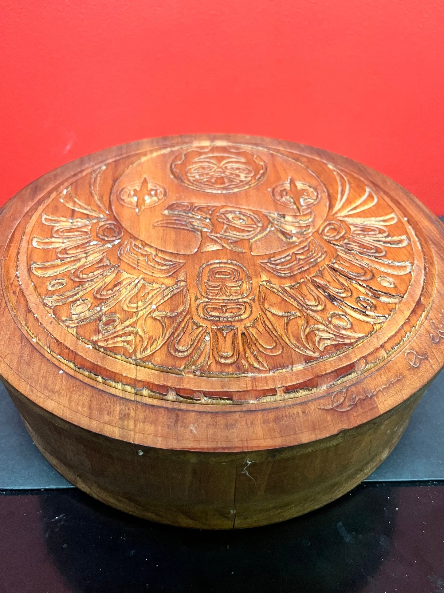 A  Fabulous 10 x 3 high Clarence Wells signed cedar box  indigenous first nations specific north west coast treasure  wow