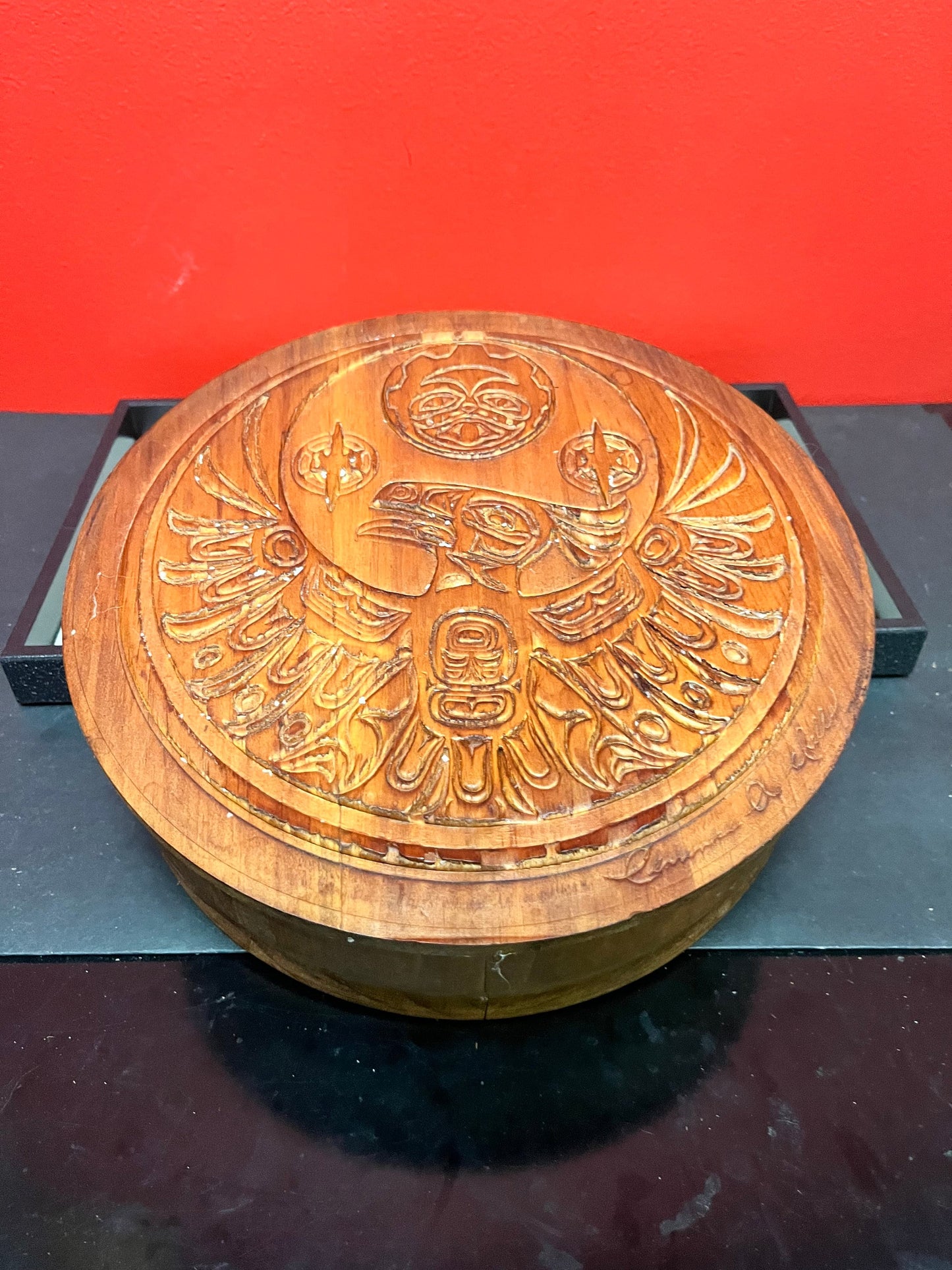 A  Fabulous 10 x 3 high Clarence Wells signed cedar box  indigenous first nations specific north west coast treasure  wow