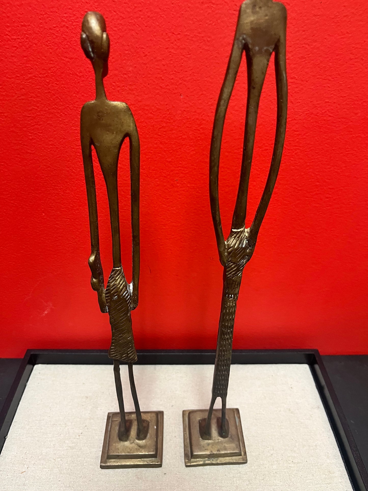 A  Pair of Stunning African bronze statues  Benin style  patina is great  super gifts  15 and 17 inches tall