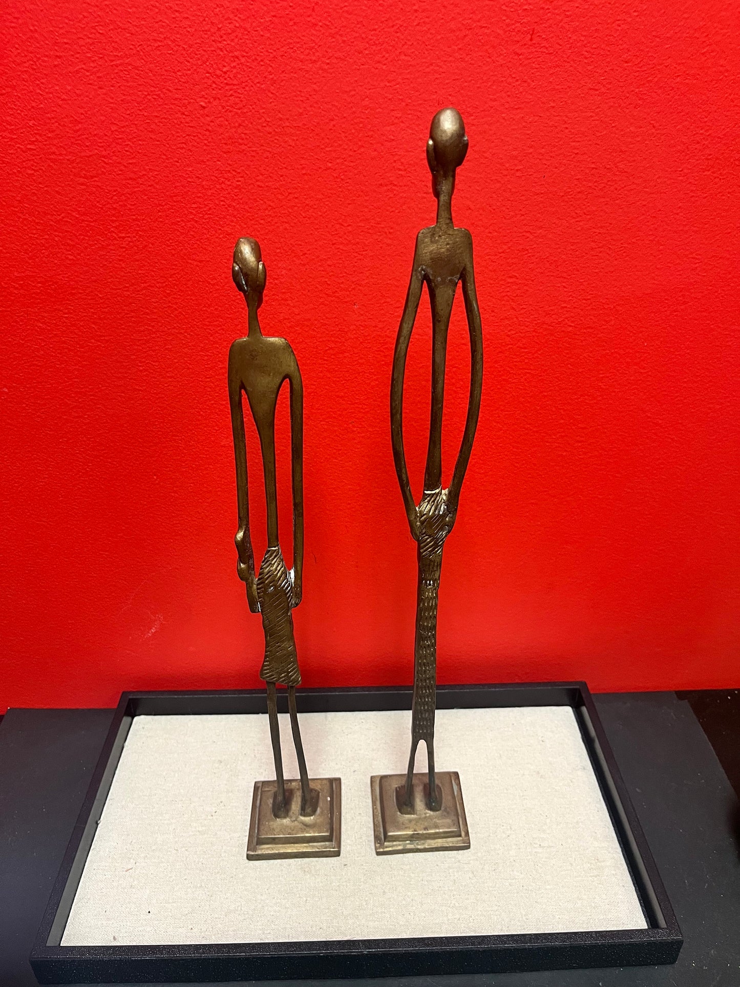 A  Pair of Stunning African bronze statues  Benin style  patina is great  super gifts  15 and 17 inches tall