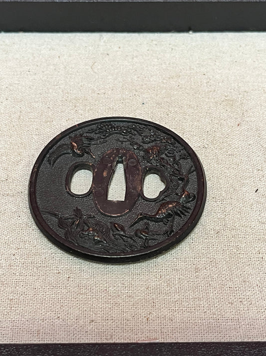 Lovely Japanese 3 inch bronze samurai tsuba depicting storks  unique imagery