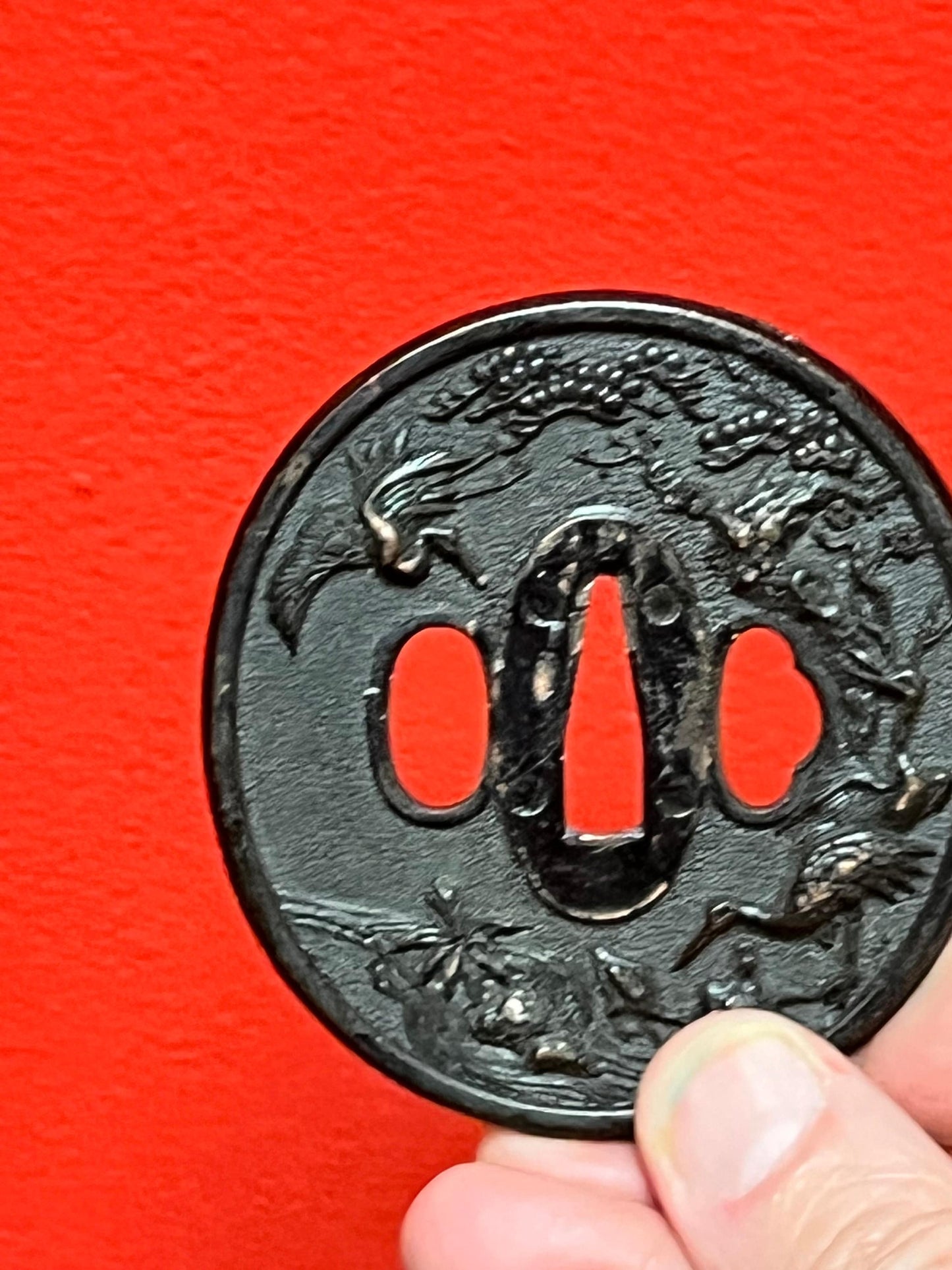 Lovely Japanese 3 inch bronze samurai tsuba depicting storks  unique imagery