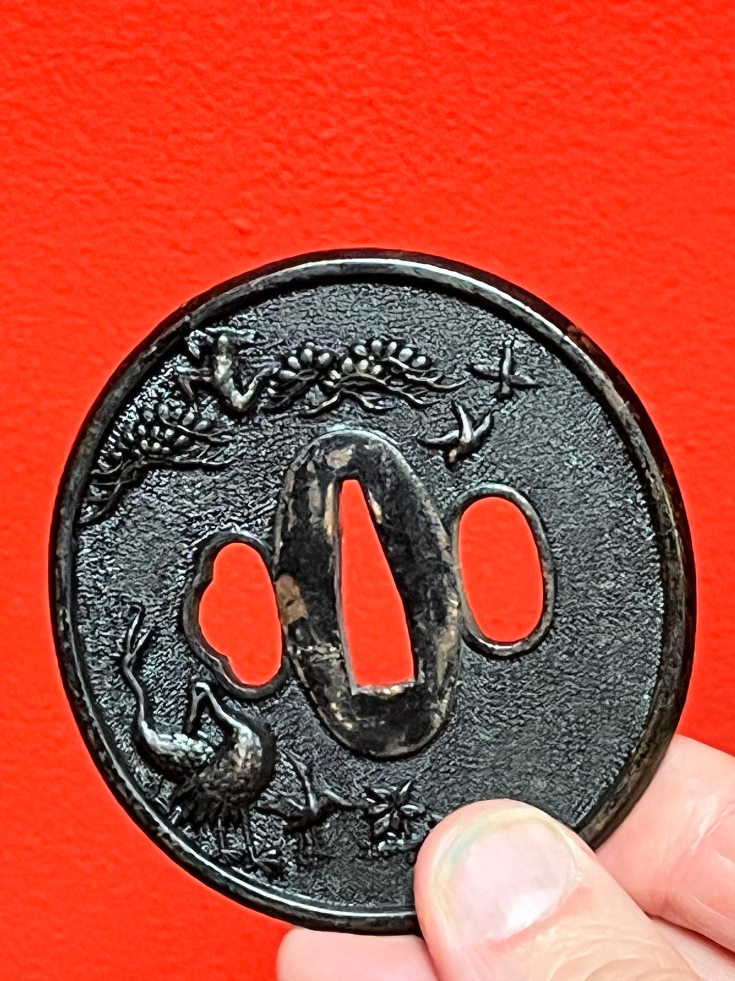 Lovely Japanese 3 inch bronze samurai tsuba depicting storks  unique imagery