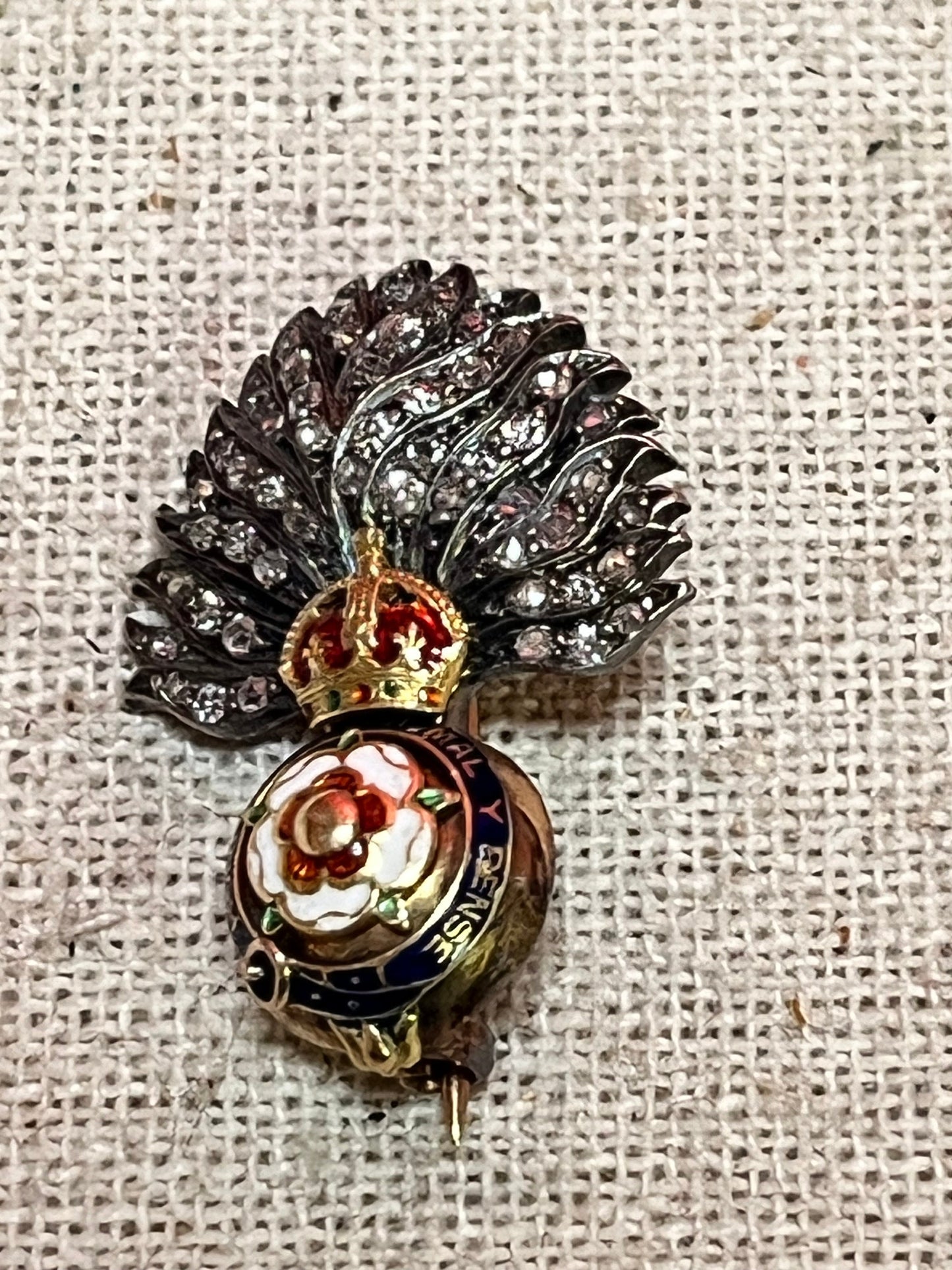 Stunning gold diamond and enamel grenadier guards sweetheart brooch in perfect condition  rare find