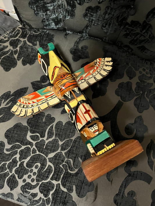 A  11 inch indigenous First Nations polychrome  Totem pole with wings  great look and derail