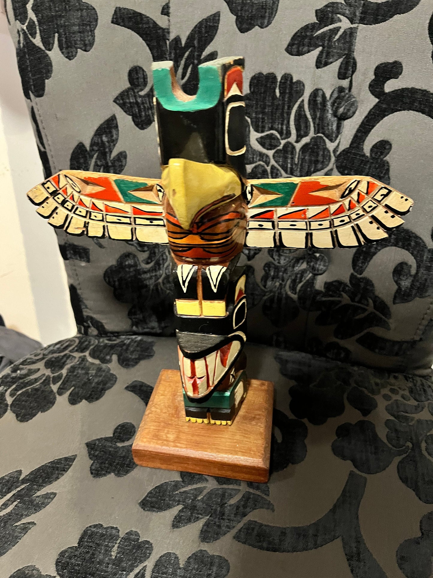 A  11 inch indigenous First Nations polychrome  Totem pole with wings  great look and derail