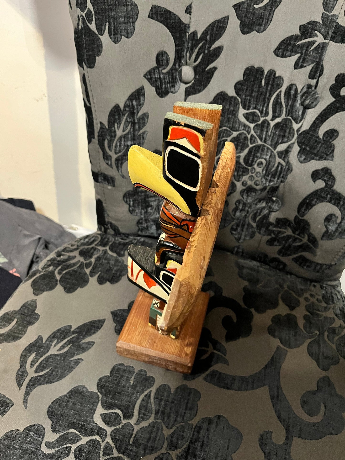 A  11 inch indigenous First Nations polychrome  Totem pole with wings  great look and derail