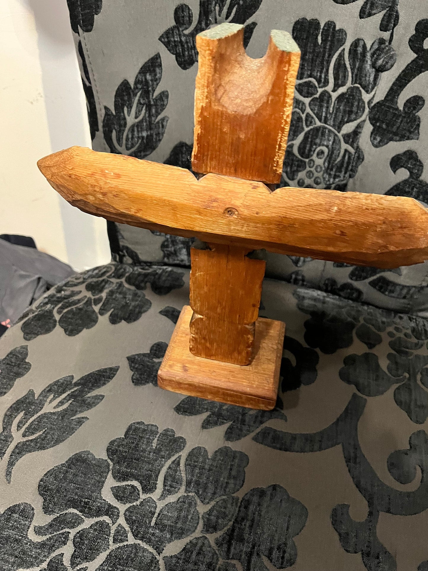 A  11 inch indigenous First Nations polychrome  Totem pole with wings  great look and derail