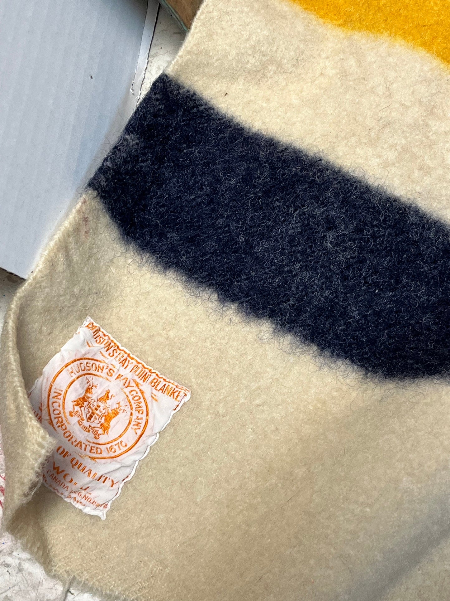 Fantastic 60 x 50 authentic antique Hudson Bay company 3.5 stripe blanket in great condition   hundred percent wool Canadian iconic