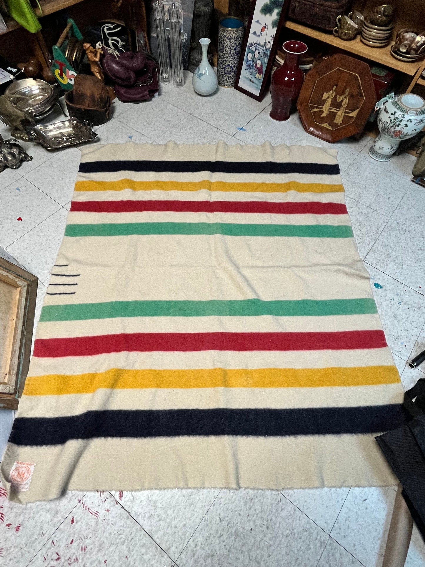 Fantastic 60 x 50 authentic antique Hudson Bay company 3.5 stripe blanket in great condition   hundred percent wool Canadian iconic