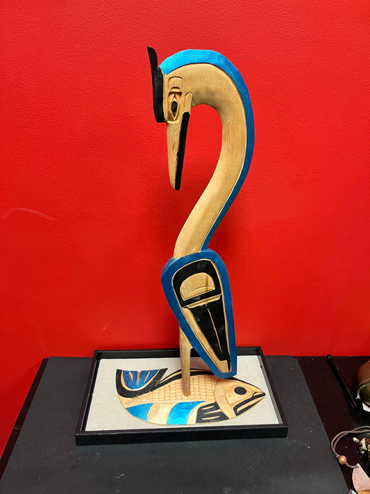 A  Stunning 24 x 12 wide Charles George, indigenous first Nations Pacific Northwest coast heron on fish  last one of this style
