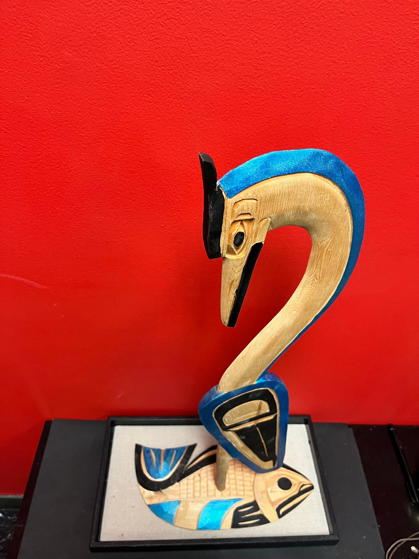 A  Stunning 24 x 12 wide Charles George, indigenous first Nations Pacific Northwest coast heron on fish  last one of this style