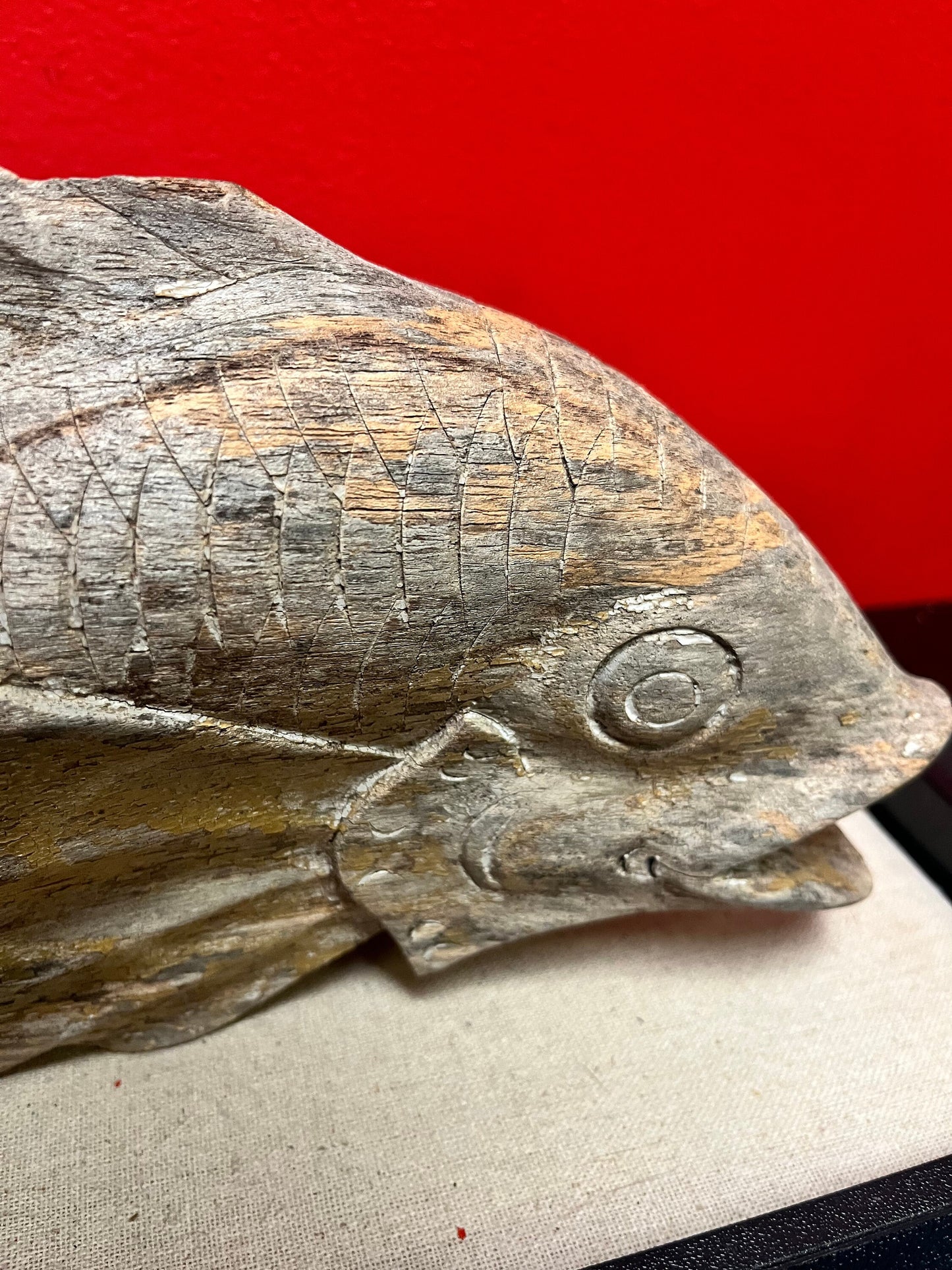 Stunning old Asian 19th inch wooden fish  fossilized look and good weight - one of a kind