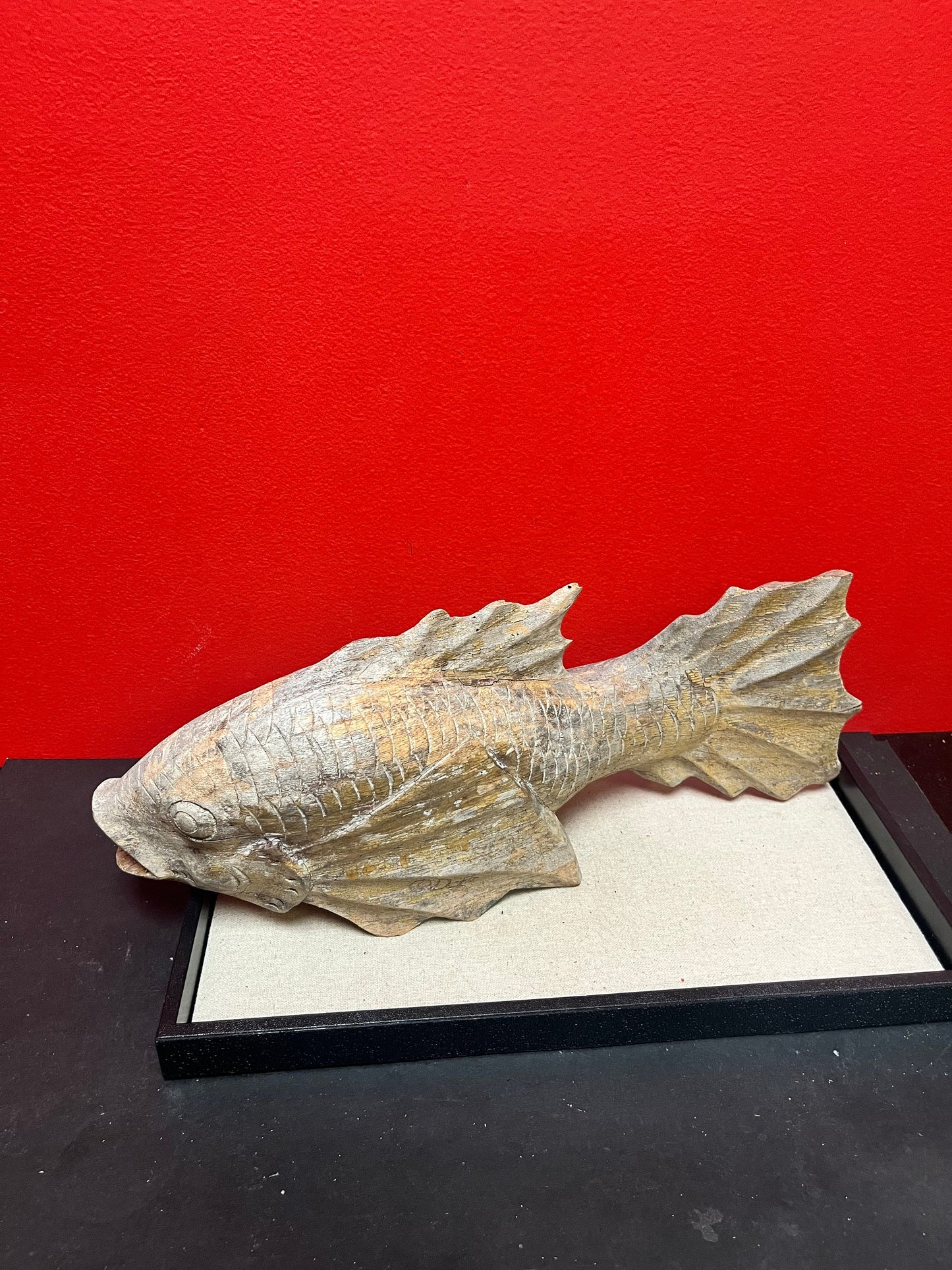Stunning old Asian 19th inch wooden fish  fossilized look and good weight - one of a kind