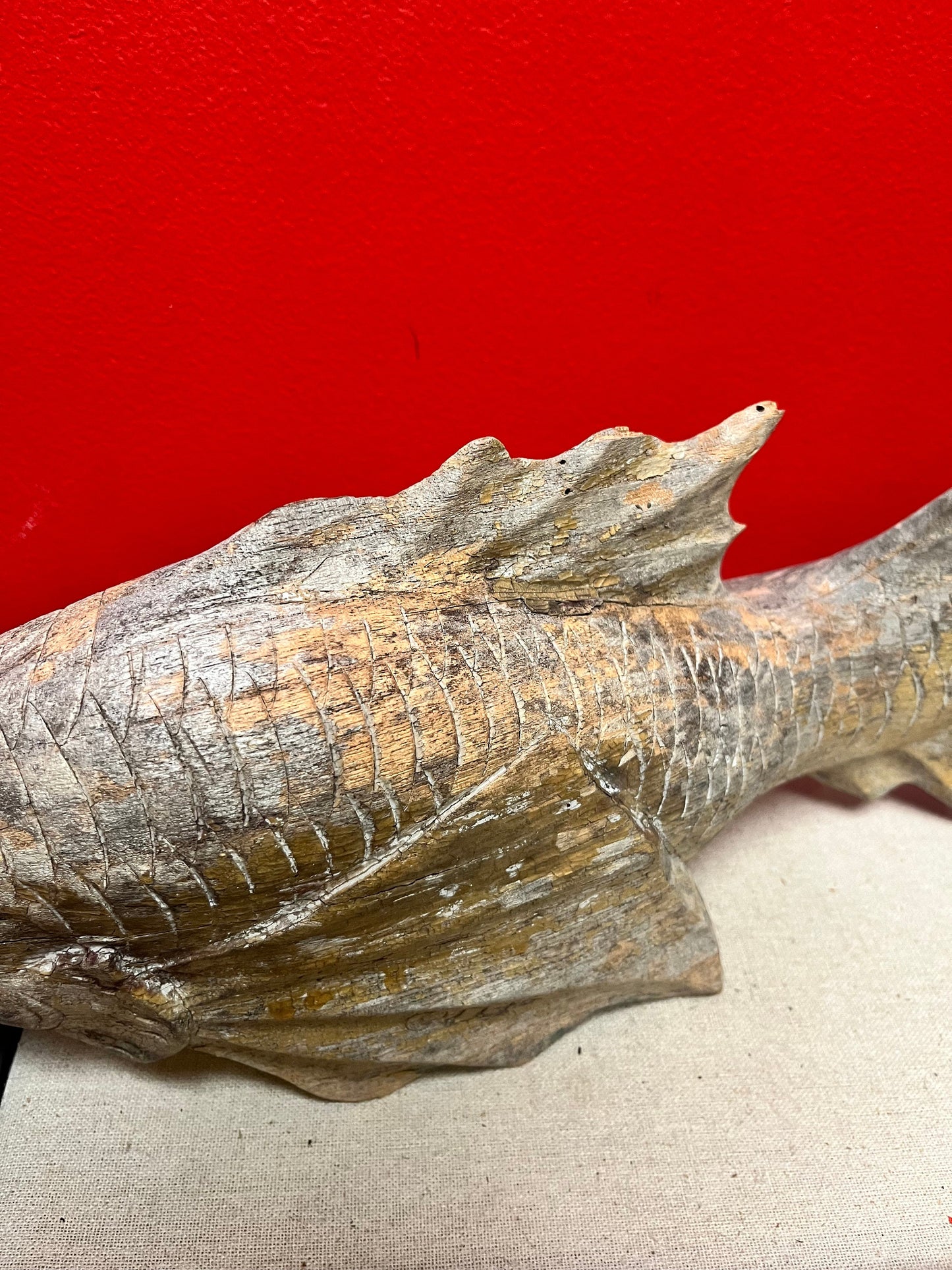 Stunning old Asian 19th inch wooden fish  fossilized look and good weight - one of a kind