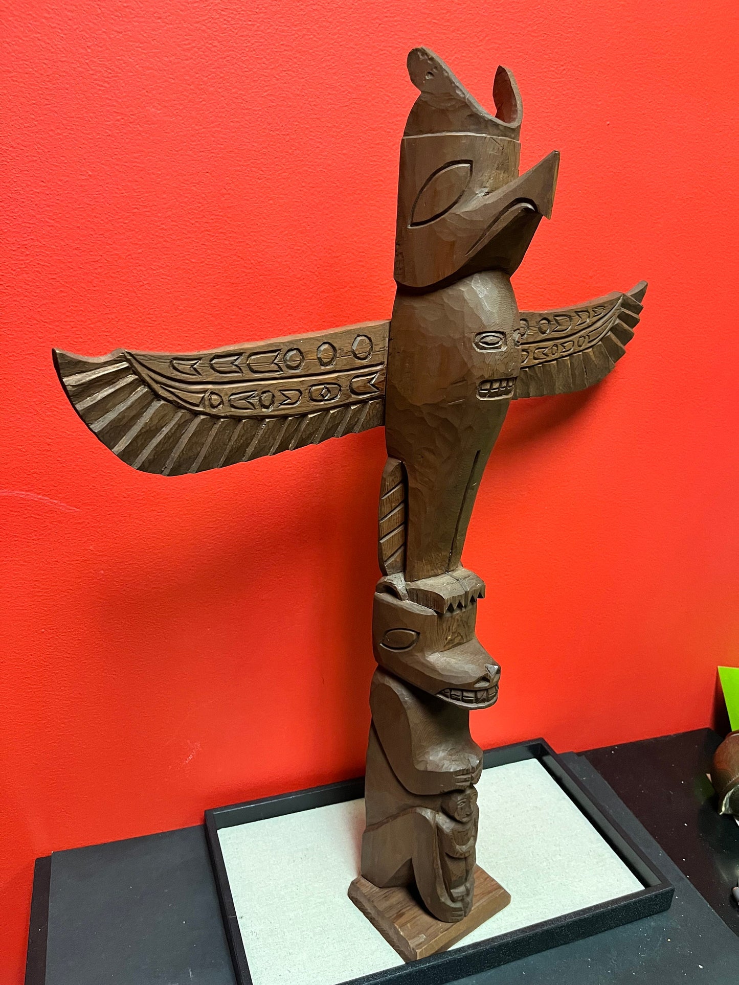 Stunning approx  1960s Raymond Shaw transformation totem pole with wings   24 x 20 wide  indigenous Pacific Northwest Coast