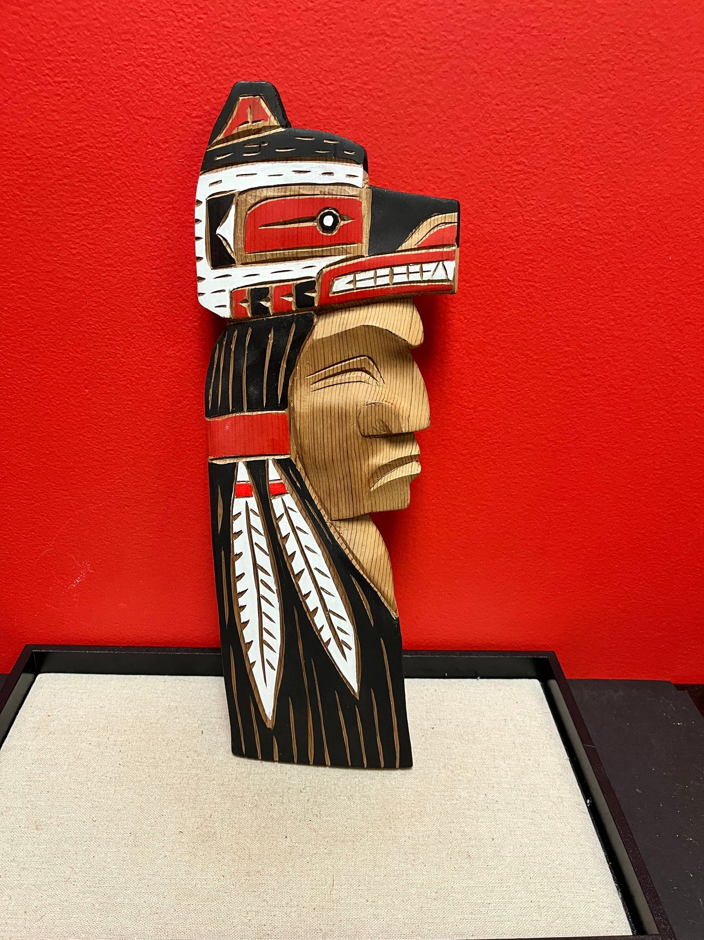 Indigenous  first nations Pacific Northwest Coast Brad Joseph Wolf chief plaque  15 inches  great detail and colour