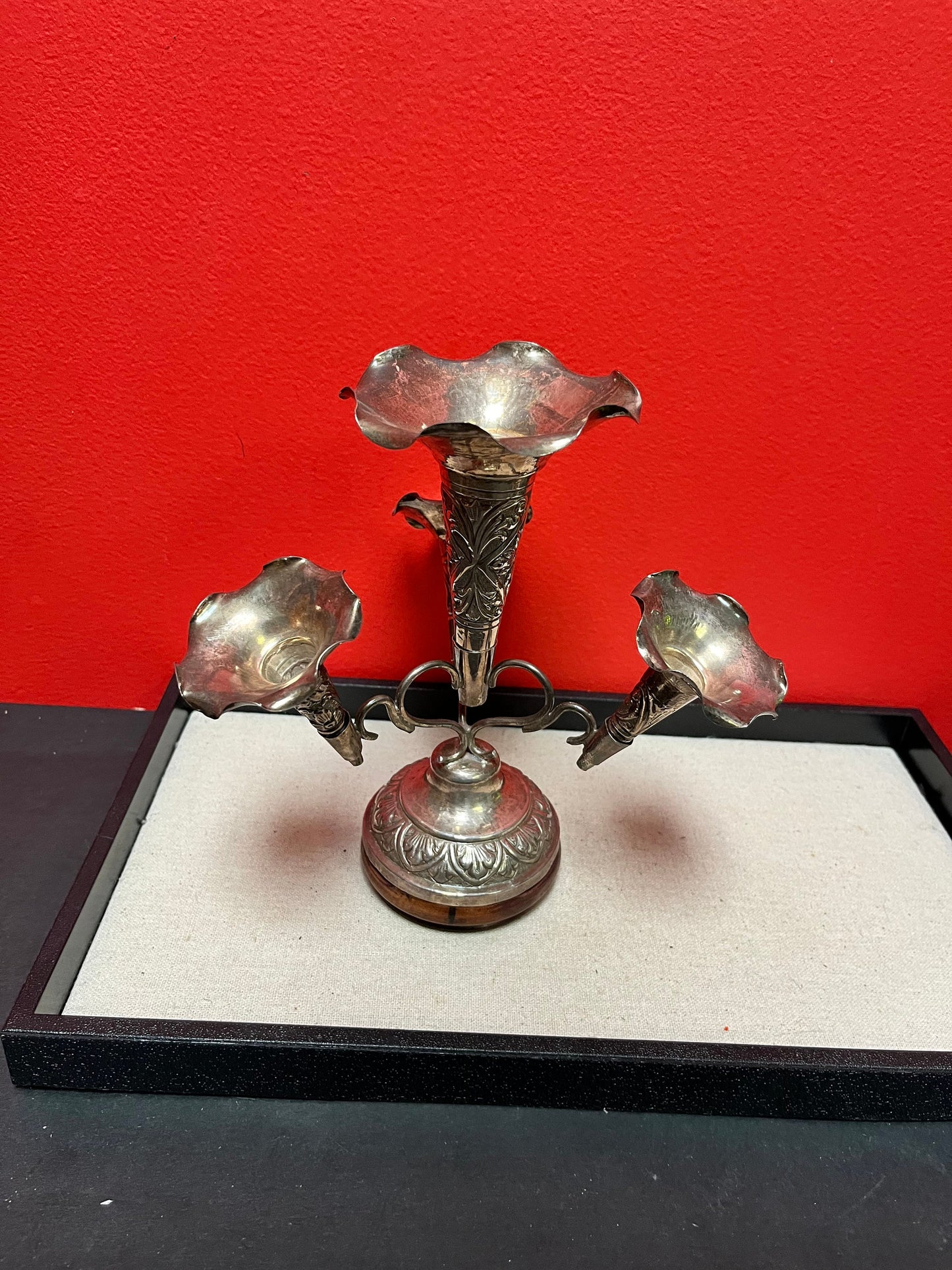 Stunning antique Chinese sterling silver unmarked epergne  great piece on rosewood stand  wow