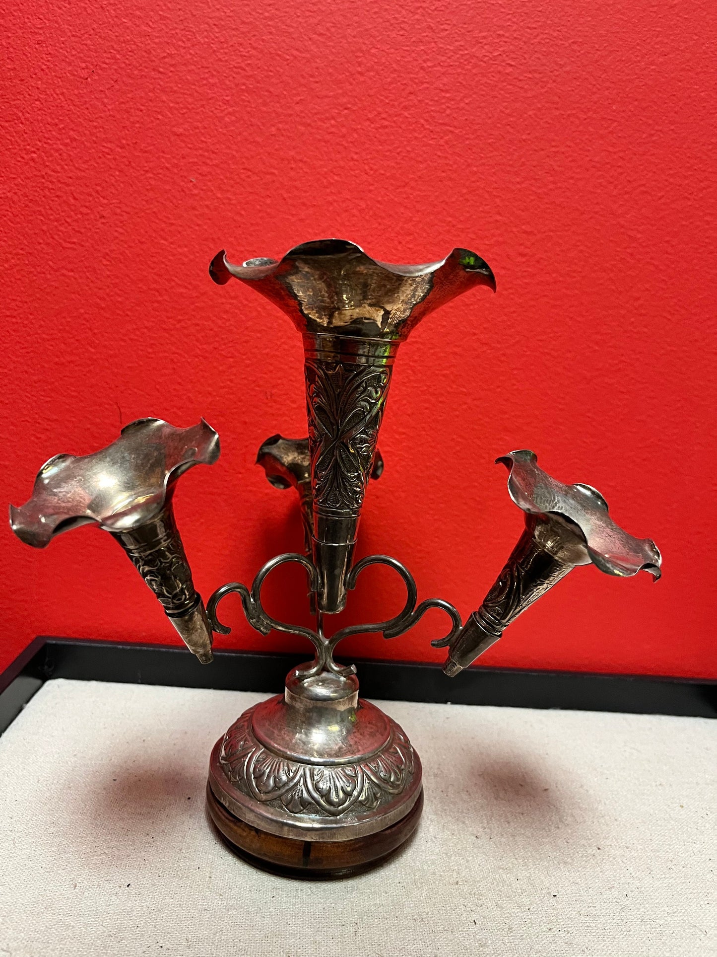 Stunning antique Chinese sterling silver unmarked epergne  great piece on rosewood stand  wow